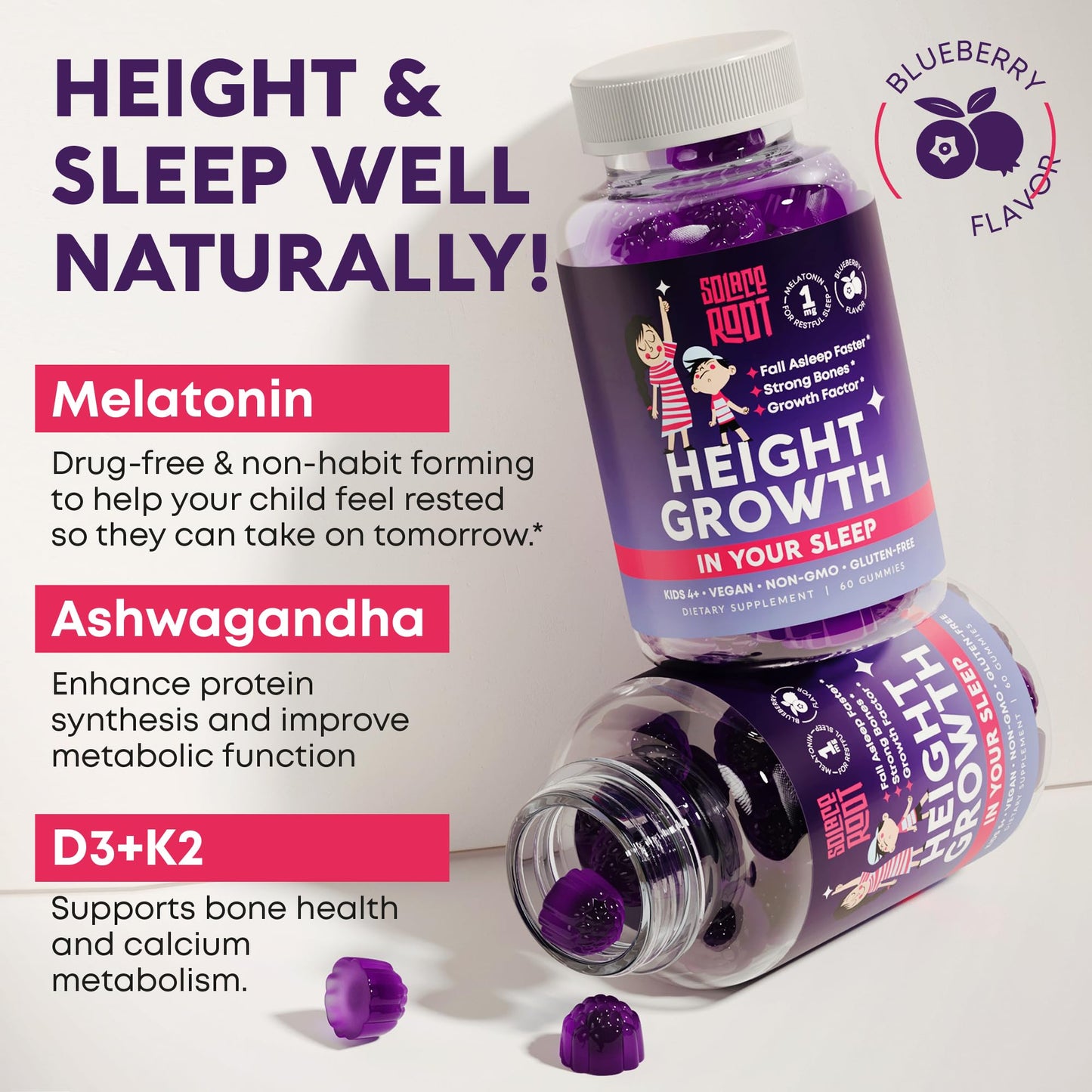 SOLACEROOT Height Growth Gummies with Melatonin for Kids & Teens - Ashwagandha for Kids - Melatonina Para Niños - Height Growth Supplement - Teen Boy Vitamins - Grow Taller Supplement - Kids Melatonin Gummies, 60 Gummies