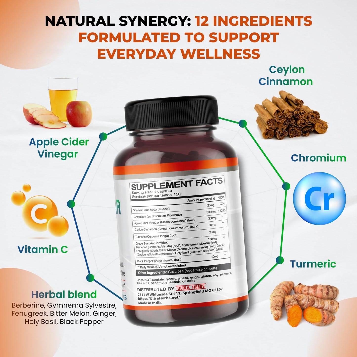 Ultra Herbs Organic Apple Cider Vinegar Capsules Enhanced with Cinnamon and Turmeric, 150 Capsules