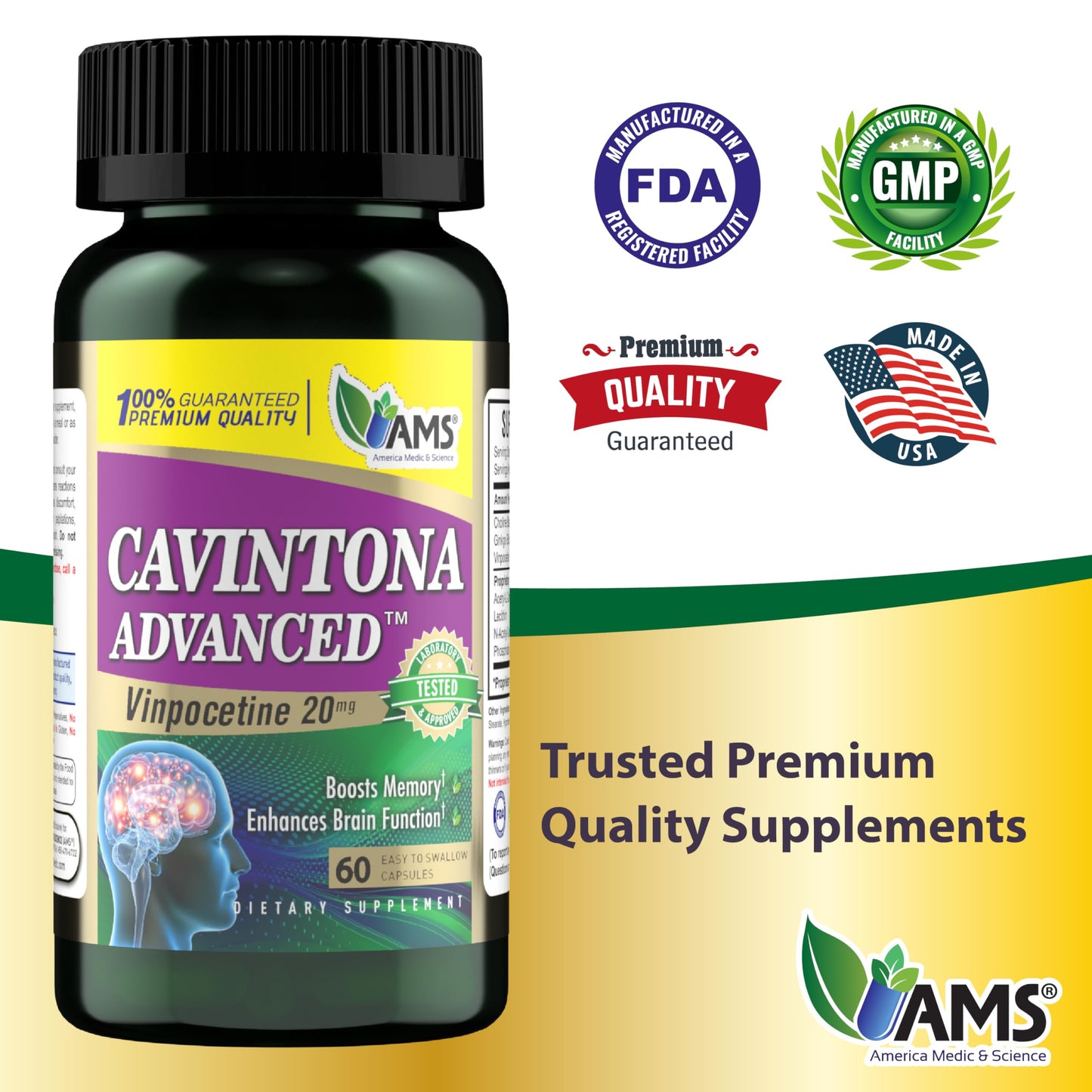 America Medic & Science Cavintona Advanced Vinpocetine 20mg Capsule, 60 Count – Supports Memory, Recall & Brain Health, Cognitive Function, Focus & Mental Clarity, Blood Flow