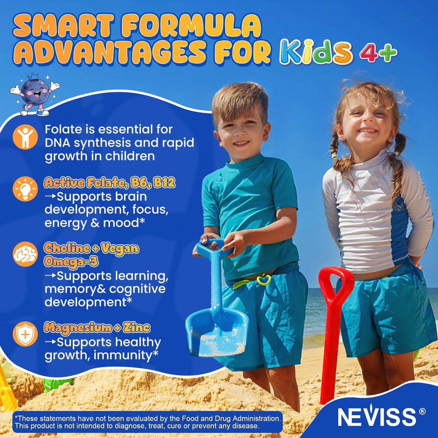 NEVISS L-Methylfolate 1000mcg Gummies for Kids & Teens with Methyl B6 & B12, MTHFR Support, Sugar Free, 120 Gummies