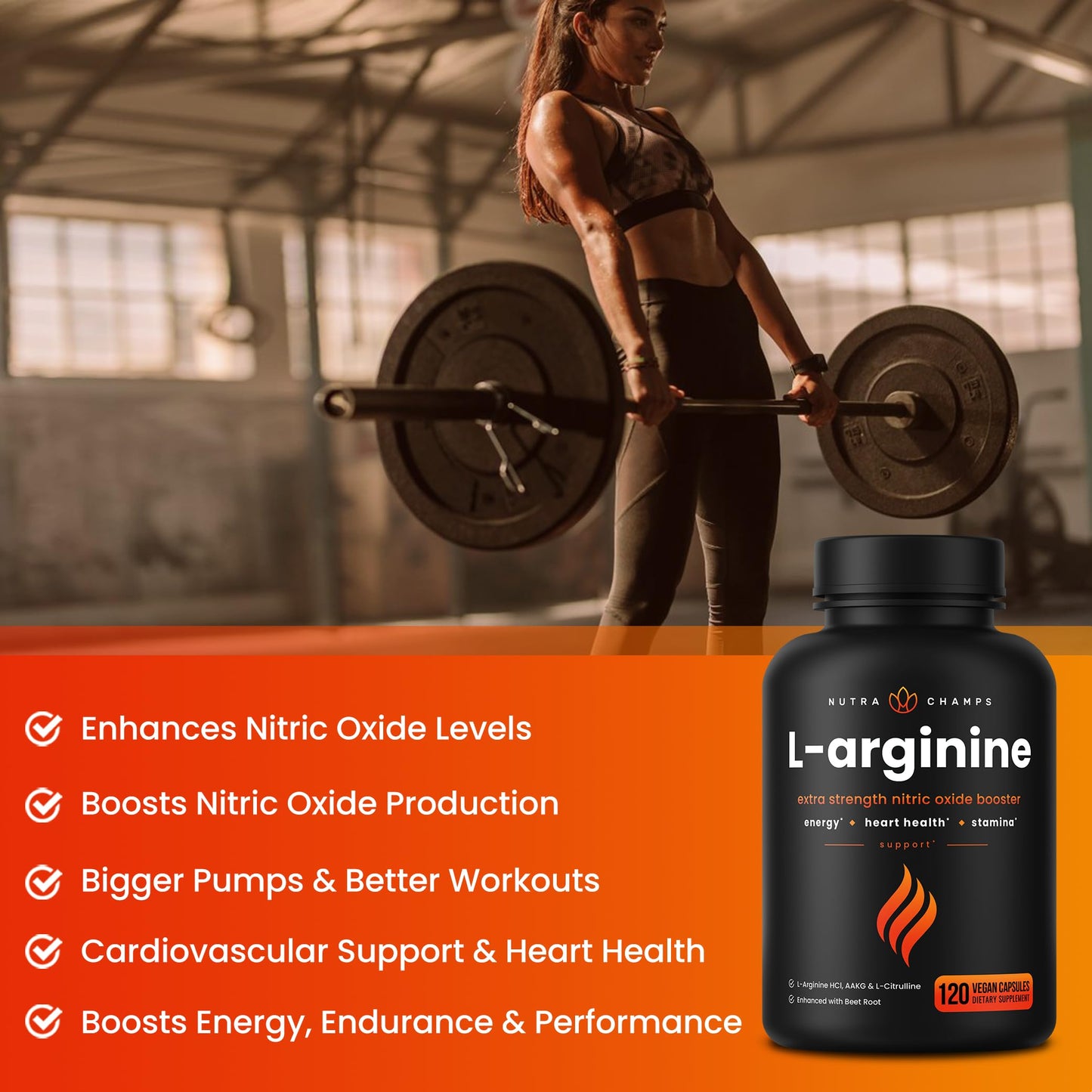 NutraChamps L-Arginine Supplement 1000mg + L-Citrulline 250mg & Beet Root Capsule, 120 Capsules
