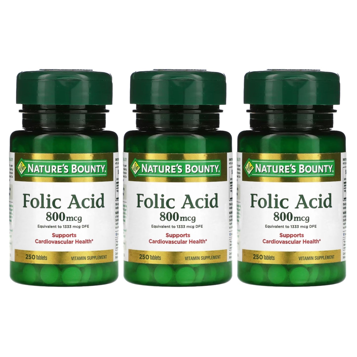 Nature's Bounty Folic Acid 800 mcg Tablets Maximum Strength, 3 Bottles (250 Tablets Each)