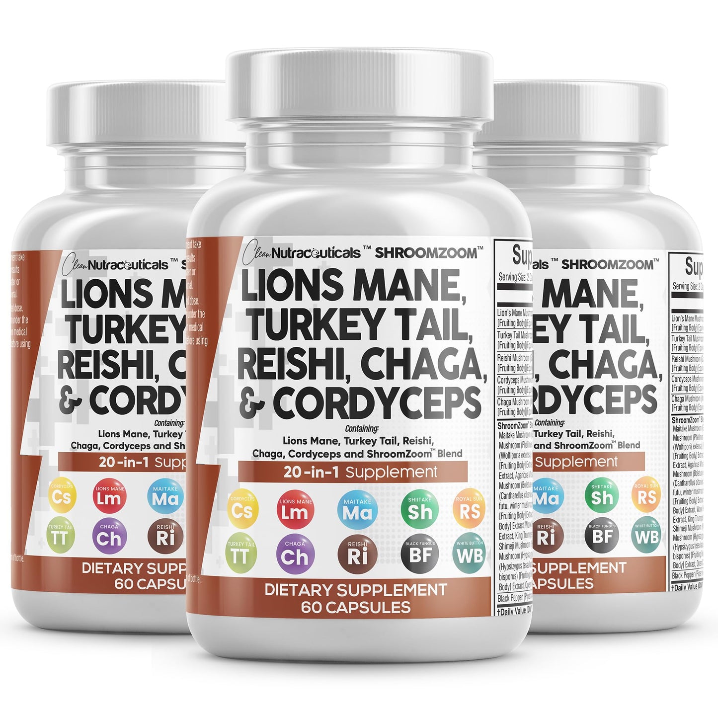Clean Nutraceuticals Lions Mane 20in1 Mushroom Supplement with Turkey Tail Reishi Cordyceps Chaga Maitake Meshima Poria Cocos Shiitake Oyster Porcini Enoki Capsules, 60 Count (3-Pack)