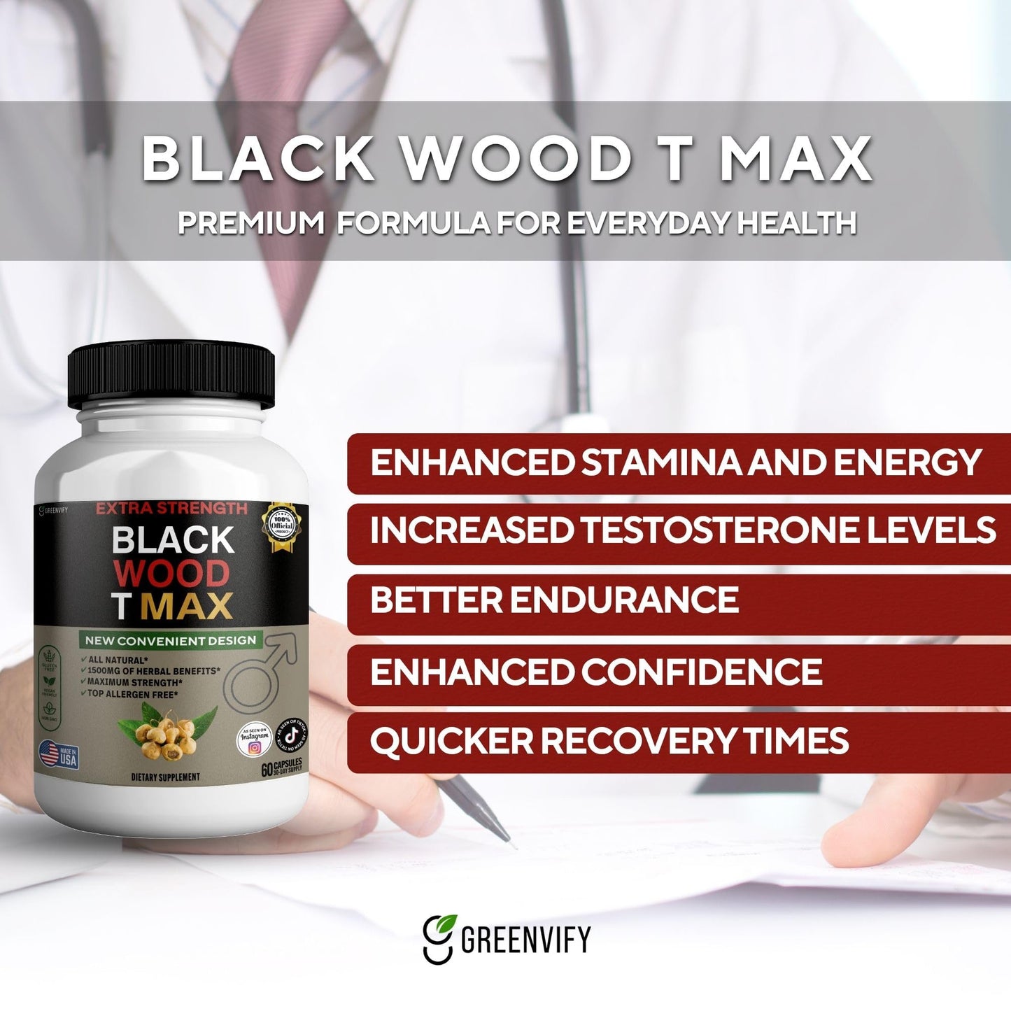 GREENVIFY Black Wood T Max Extra Strength Capsules, 300 Count