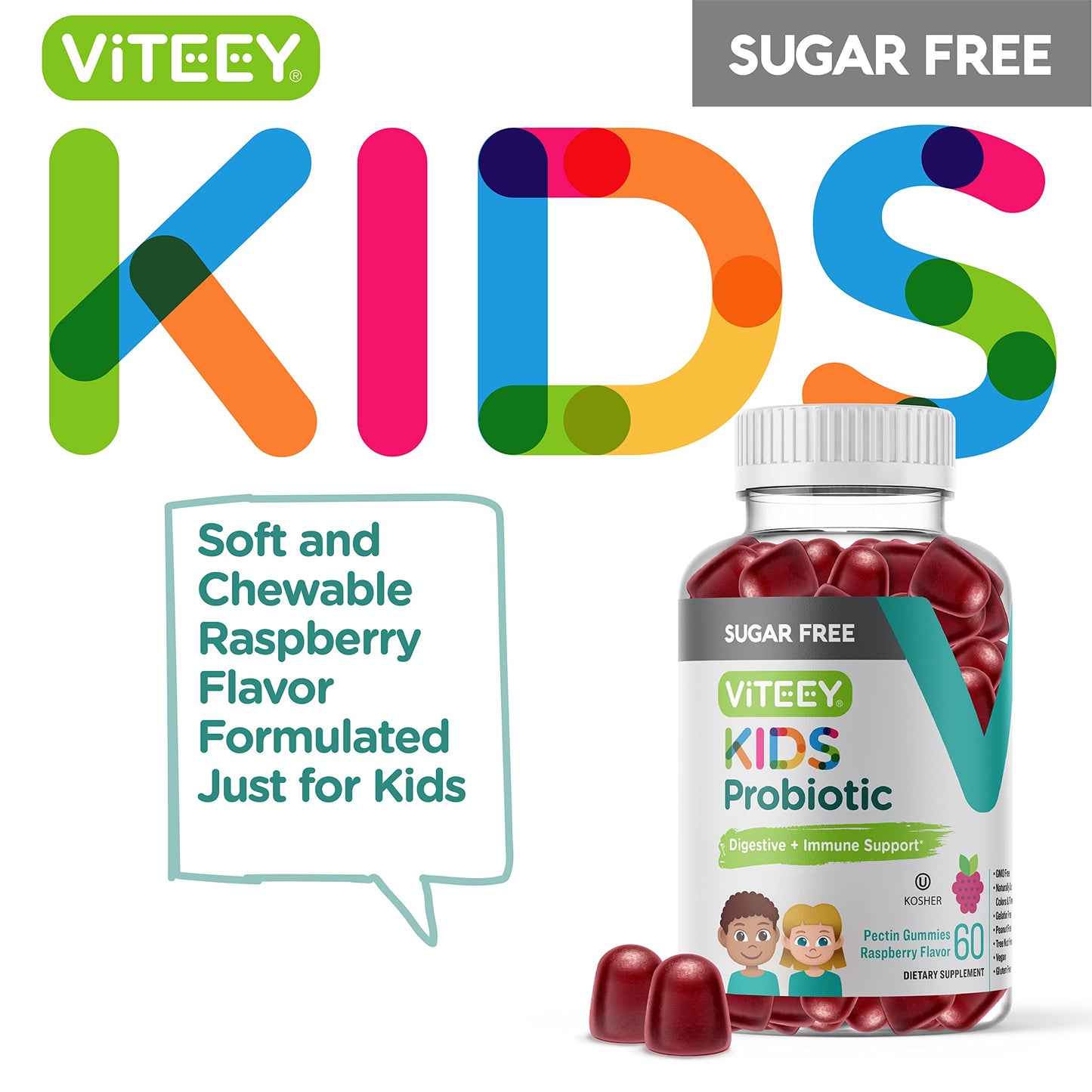 Viteey Probiotic Gummies for Kids, 2 Billion CFUs, 60 Count