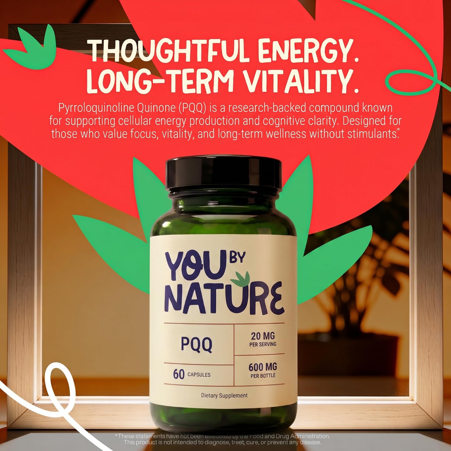 YOUBYNATURE PQQ Supplement 40mg - Pyrroloquinoline Quinone Veggie Capsules, 60 Capsules