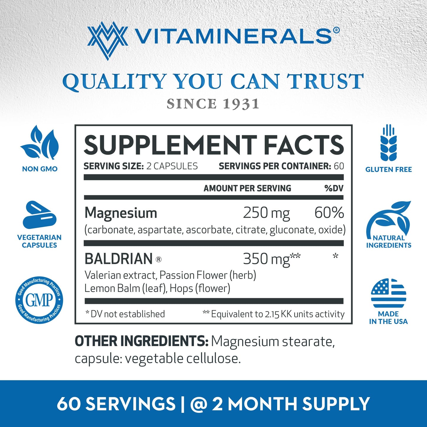 Vitaminerals Baldrian Plus Natural Relaxing Support Standardized Valerian Extract Capsule 120 Count