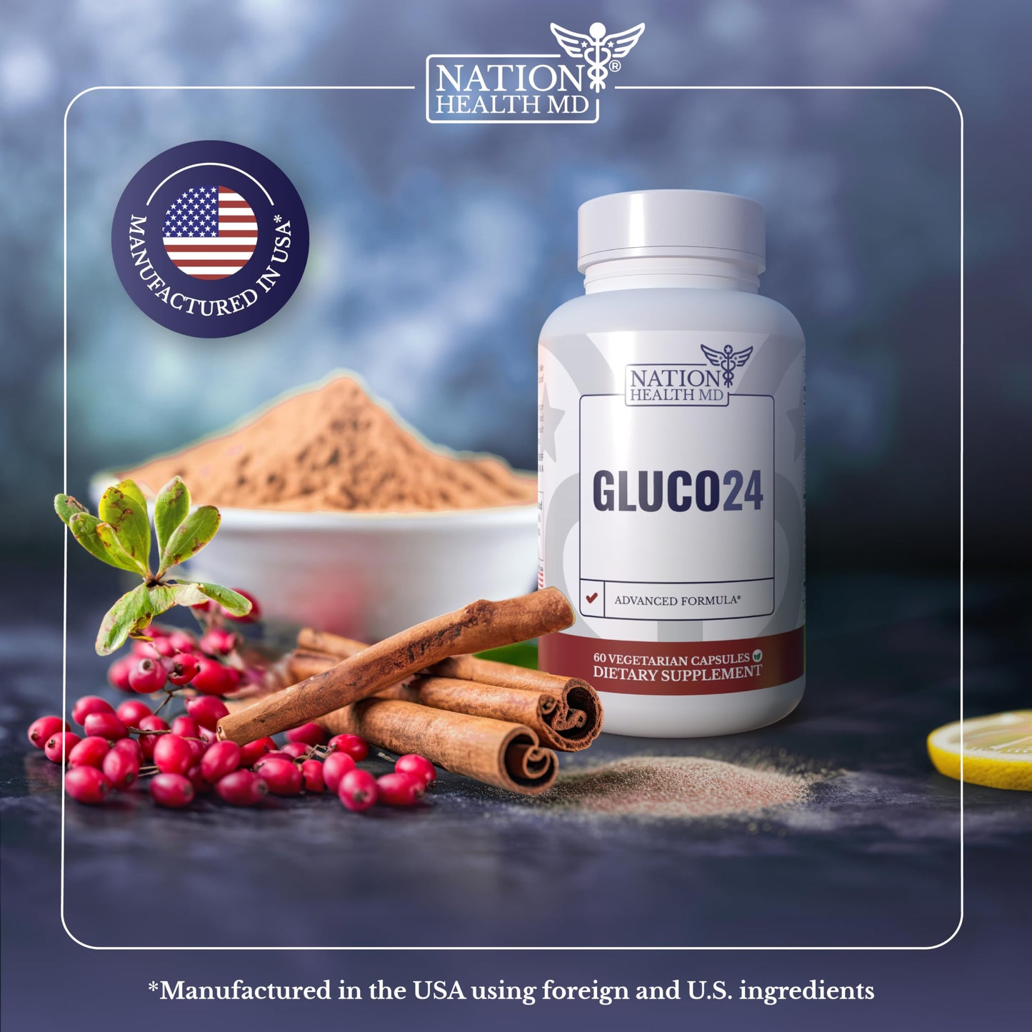 NATION HEALTH MD Gluco24 Blood Sugar Support Supplement 60 Capsules