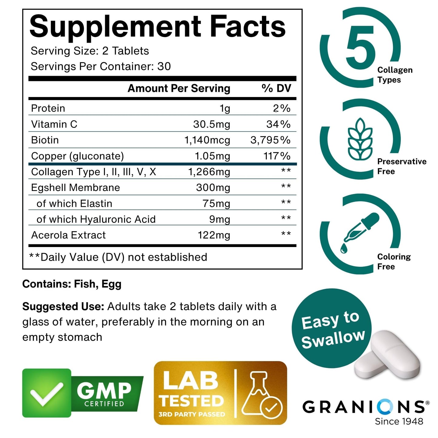 Granions Hydrolyzed Multi Collagen Peptides Tablet, 30 Count