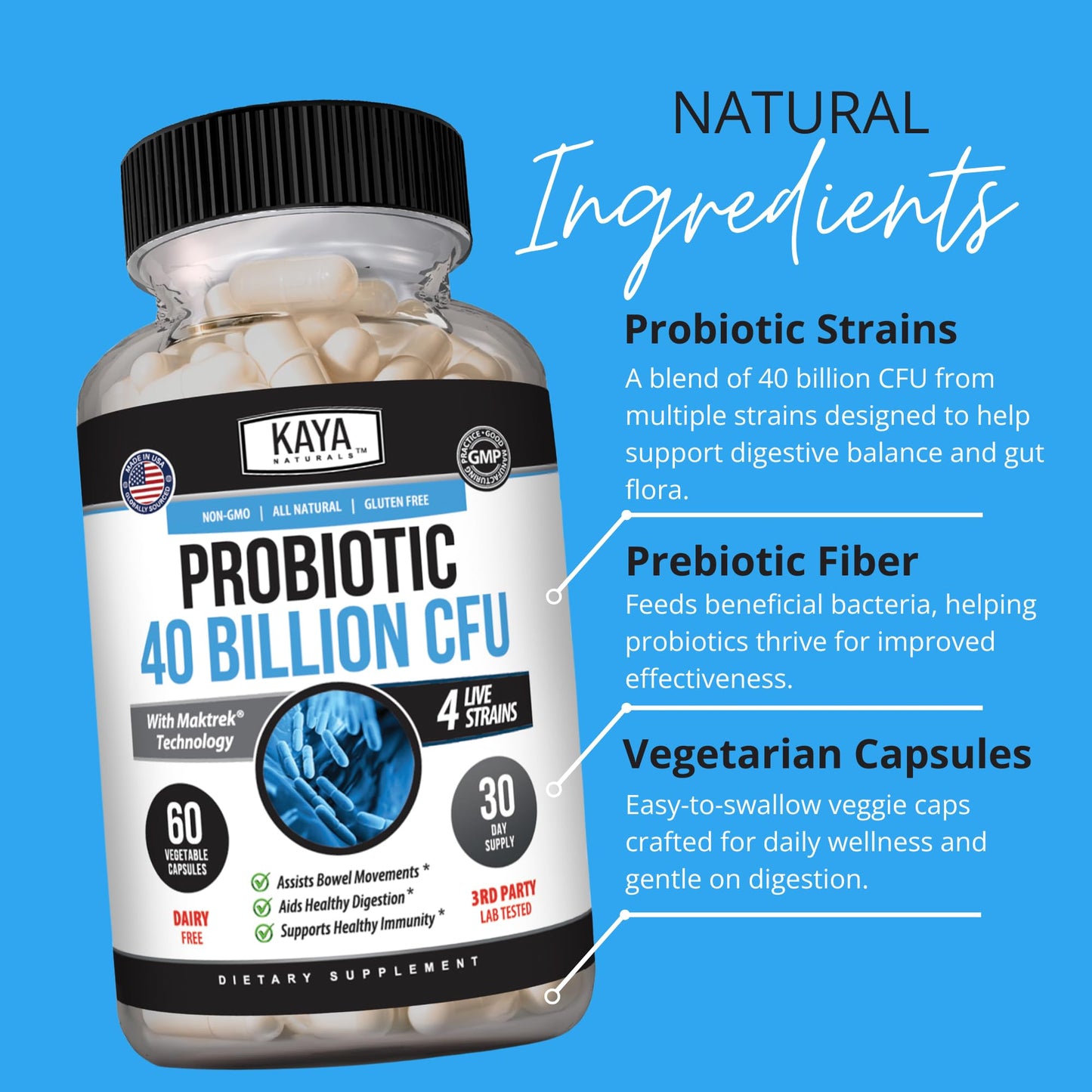Kaya Naturals Probiotic 40 Billion CFU, Prebiotic, 4 Strains, 60 Capsules