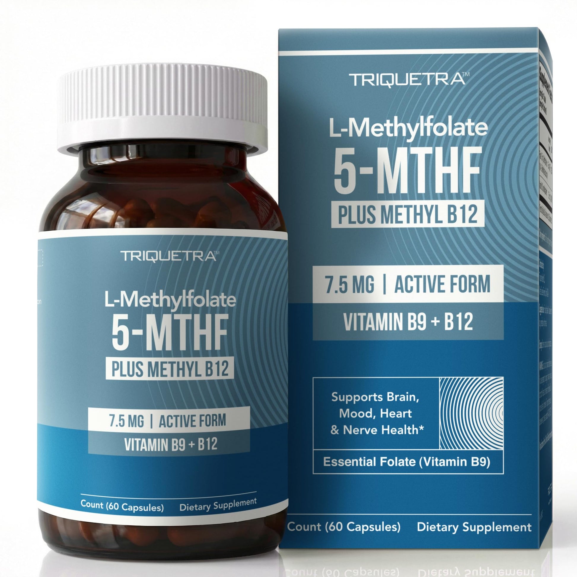 Triquetra Health L Methylfolate 7.5mg plus Methyl B12 - Active 5-MTHF Form, MTHFR Supplement - Bloodstream Ready Methylated Folate + B12 Cofactor - Supports Mood, Homocysteine Methylation, Cognition, 60 Capsules