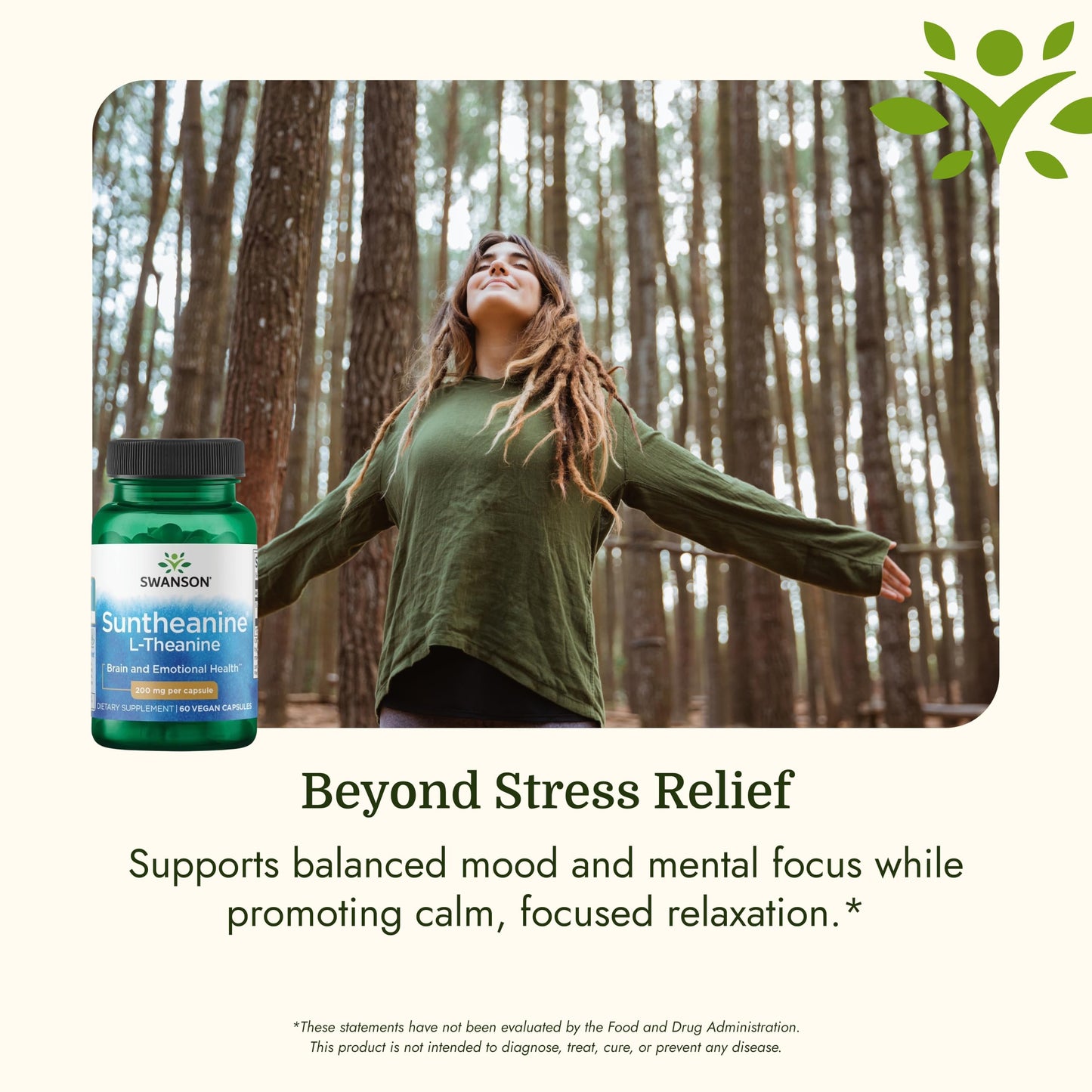Swanson Suntheanine L-Theanine Calm and Focus Supplement for Stress-Prone Professionals Seeking Balanced Wellbeing, 200 mg, 60 Veggie Capsules