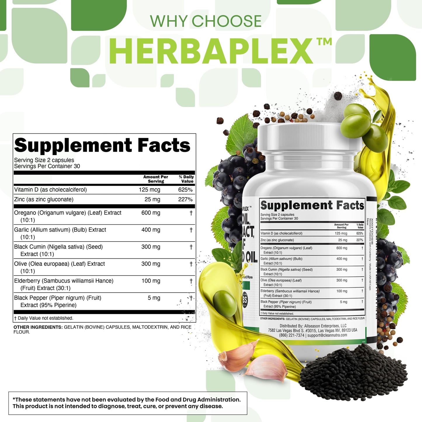 Clean Nutraceuticals Oregano Oil Garlic Extract Olive Leaf Black Seed Oil 60 Capsules