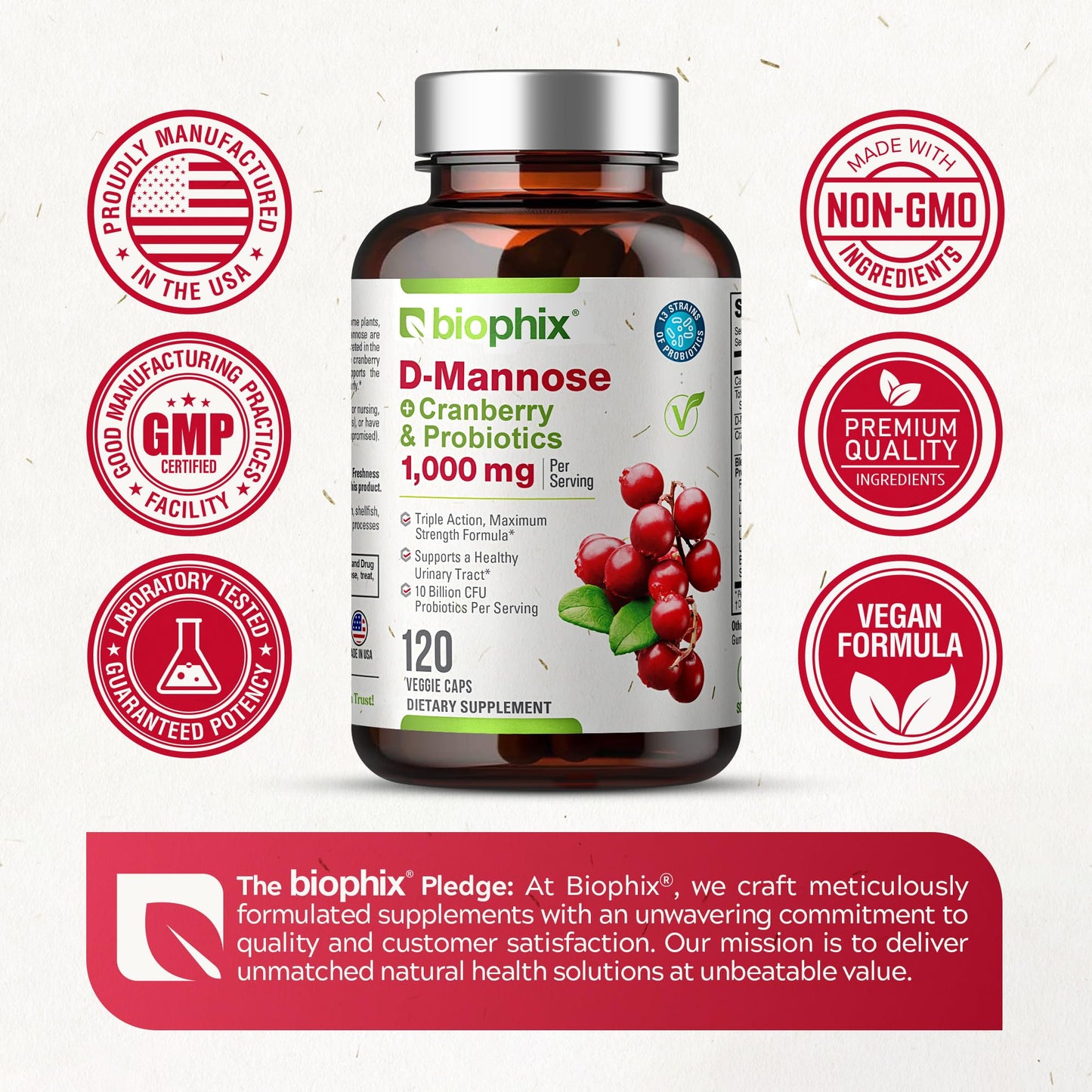biophix D-Mannose 1000mg Capsules with Cranberry & Probiotics - D Mannose Supplements for Women - Urinary Tract & Bladder Health Support - Digestive Well-Being - 240 Capsules