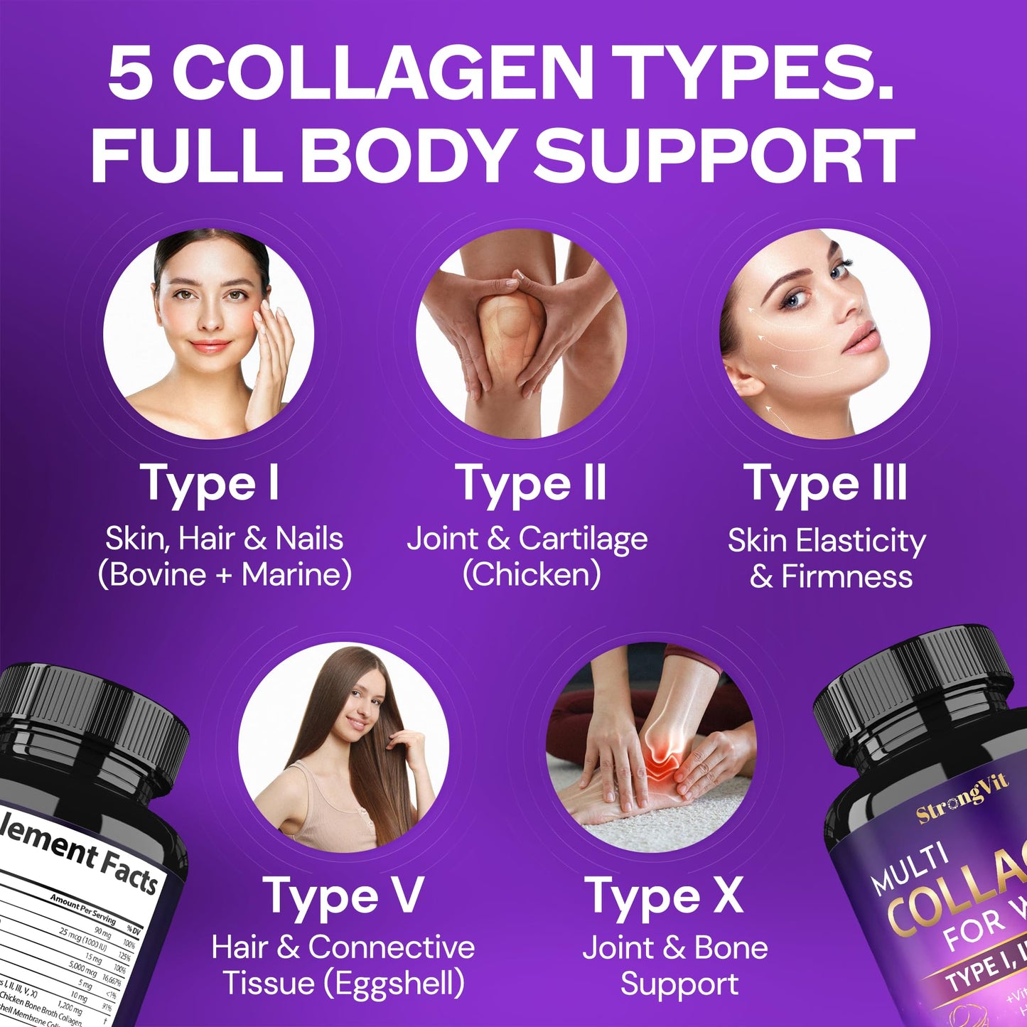 StrongVit Multi Collagen for Women with Biotin, Hyaluronic Acid, CoQ10, Vitamin C, D3 & Zinc – Hair, Skin, Nails – Hydrolyzed Collagen Peptides Type I–X – Capsules, 120 Capsules