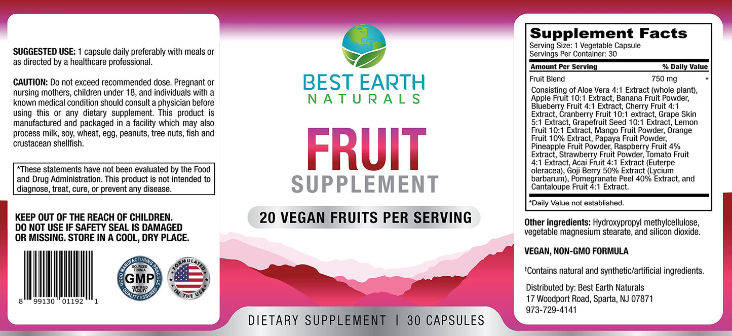 Best Earth Naturals Fruit Supplement with 20 Fruit Blend Energy Vitamins, 30 Capsules