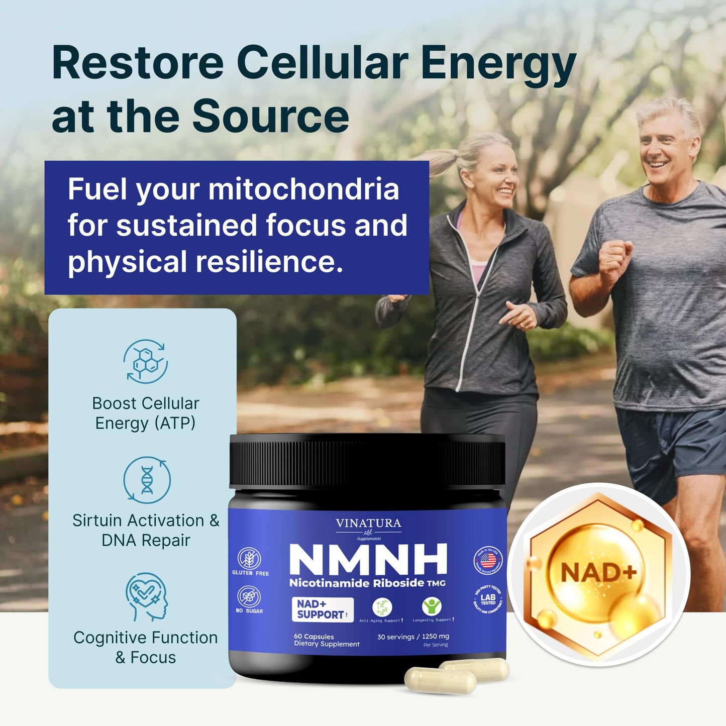 VINATURA NMNH (NMN Supplement Alternative) Nicotinamide Riboside & TMG NAD Anti-Aging Capsule, 60 Count