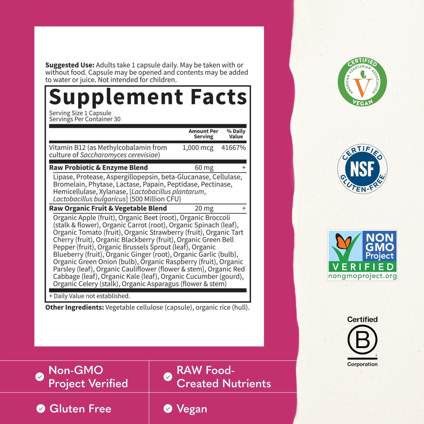 Garden of Life Vitamin Code Raw B-12 Methylcobalamin Vitamin B-12 for Digestive, Metabolism, Energy Support - Formula with Probiotics and Enzymes, Non-GMO, Gluten-Free, Vegan, 30 Capsules