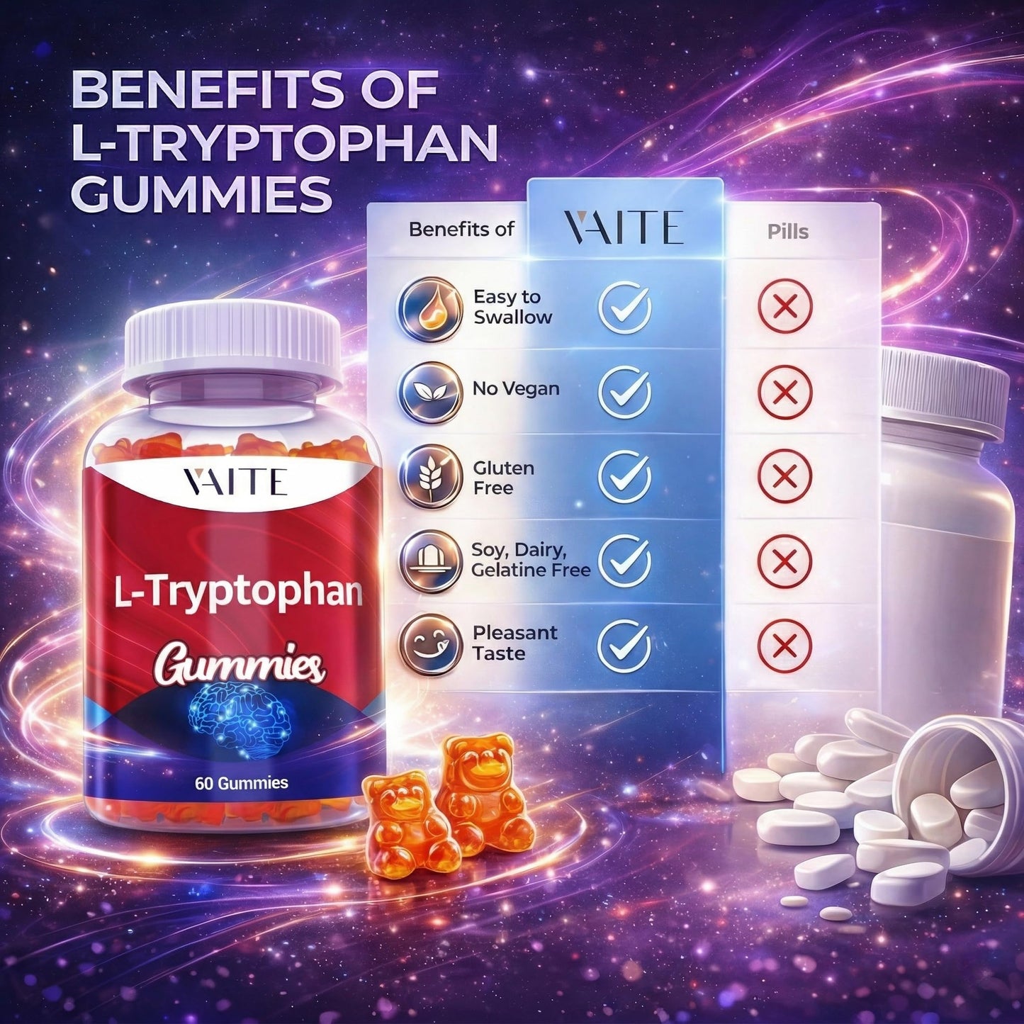 VAITE L-Tryptophan 1000mg Gummies, 60 Count