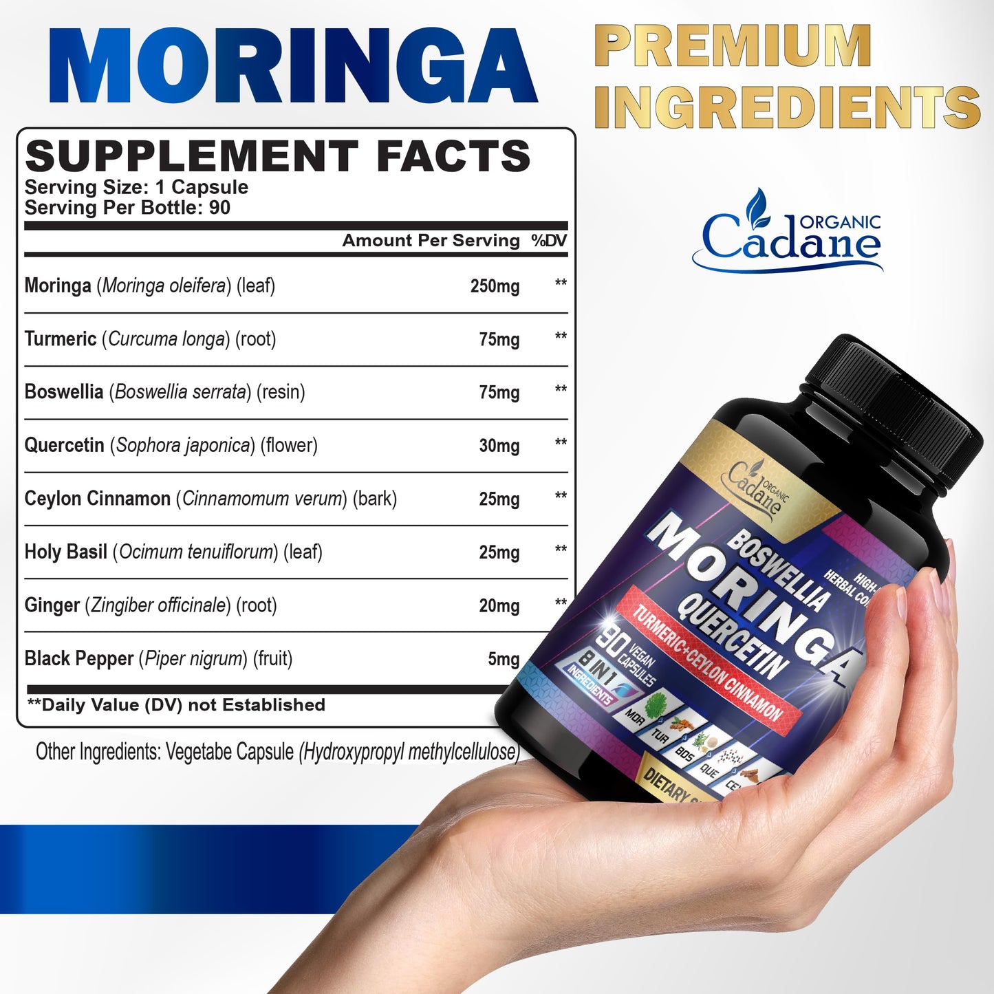 Organic Cadane Moringa Leaf with Turmeric, Boswellia, Quercetin, Ceylon Cinnamon, Holy Basil, Ginger, and Black Pepper Capsules, 90 Count