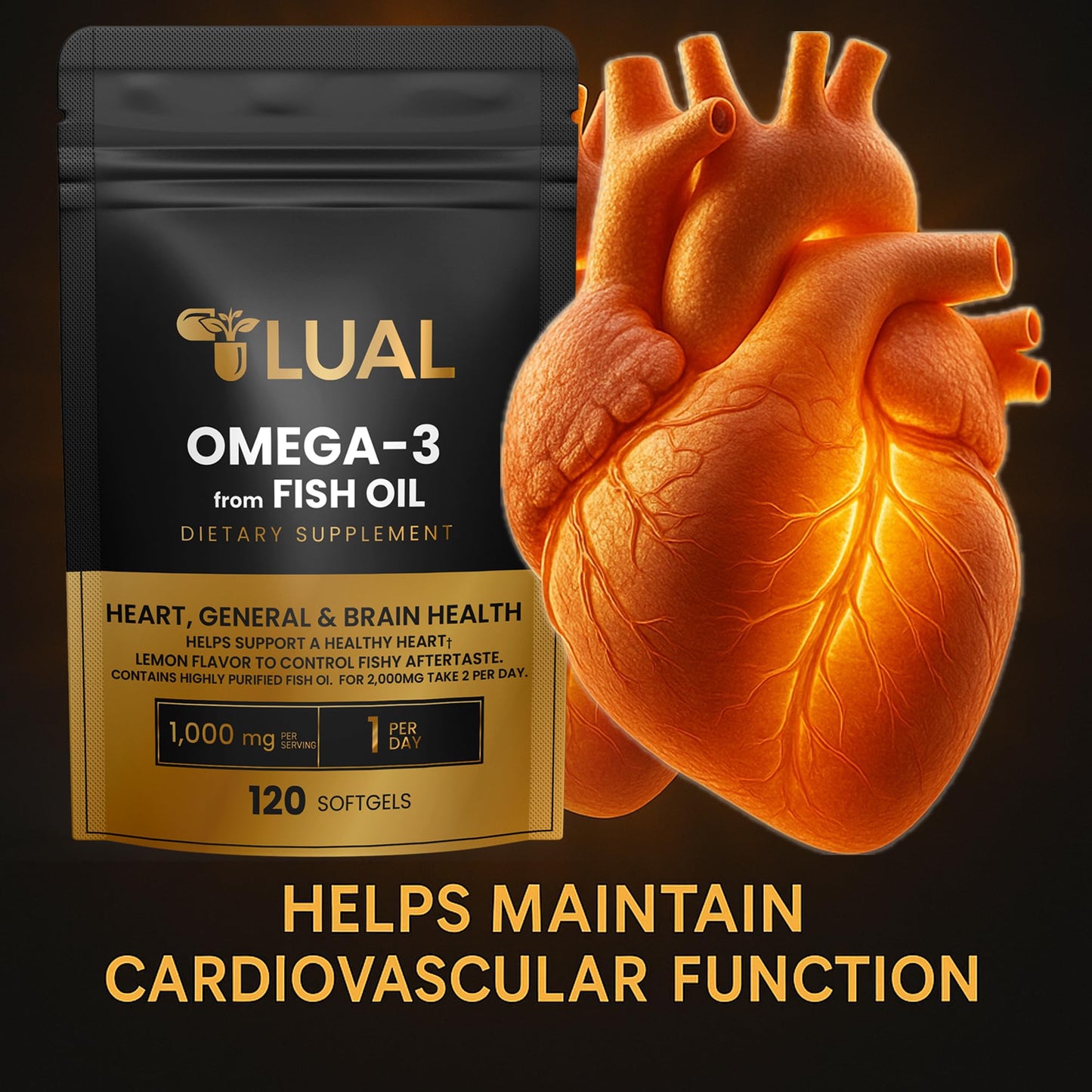LUAL Omega-3 Fish Oil Softgels 1000mg, EPA & DHA, Lemon Flavor, Burpless, Non-GMO, 120 Count