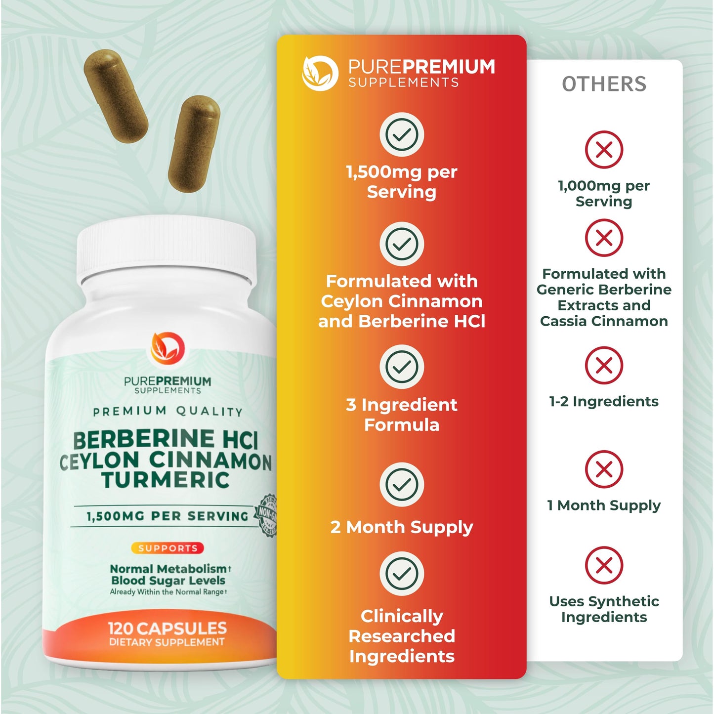 PurePremium Supplements Berberine with Ceylon Cinnamon Complex Capsule 120 Count