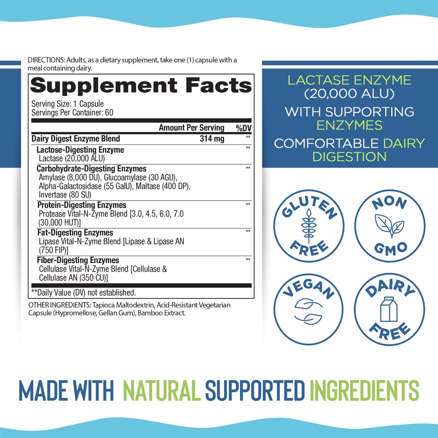 Vital Planet Digestive Enzymes Dairy Digest Support Natural Enzyme Formula Supports Breakdown of Dairy and Lactose, 60 Capsules