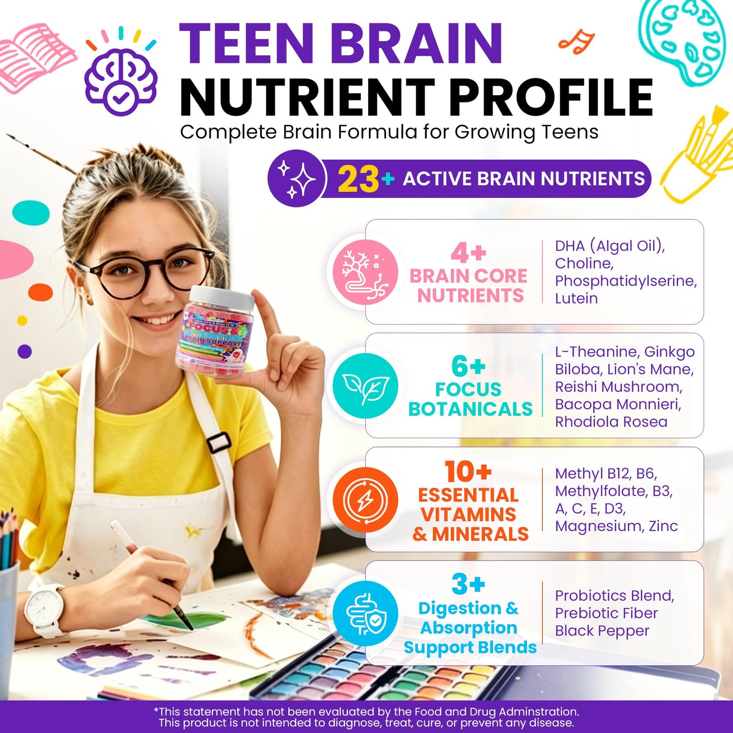 LILICARE Teen Brain Focus Gummies with Omega-3 DHA, Lion's Mane Mushroom, 60 Gummies