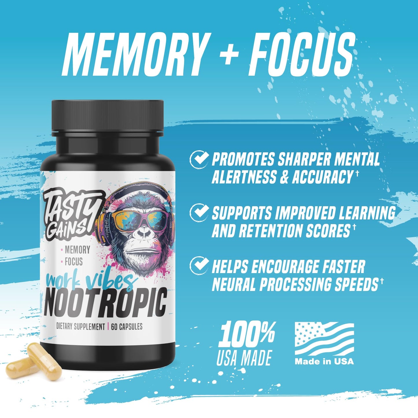 TASTY GAINS Nootropic Brain Supplement for Memory and Focus with L-Theanine, Rhodiola Rosea & Phosphatidylserine - Memory, Mental Clarity & Cognitive Improvement, 60 Capsules