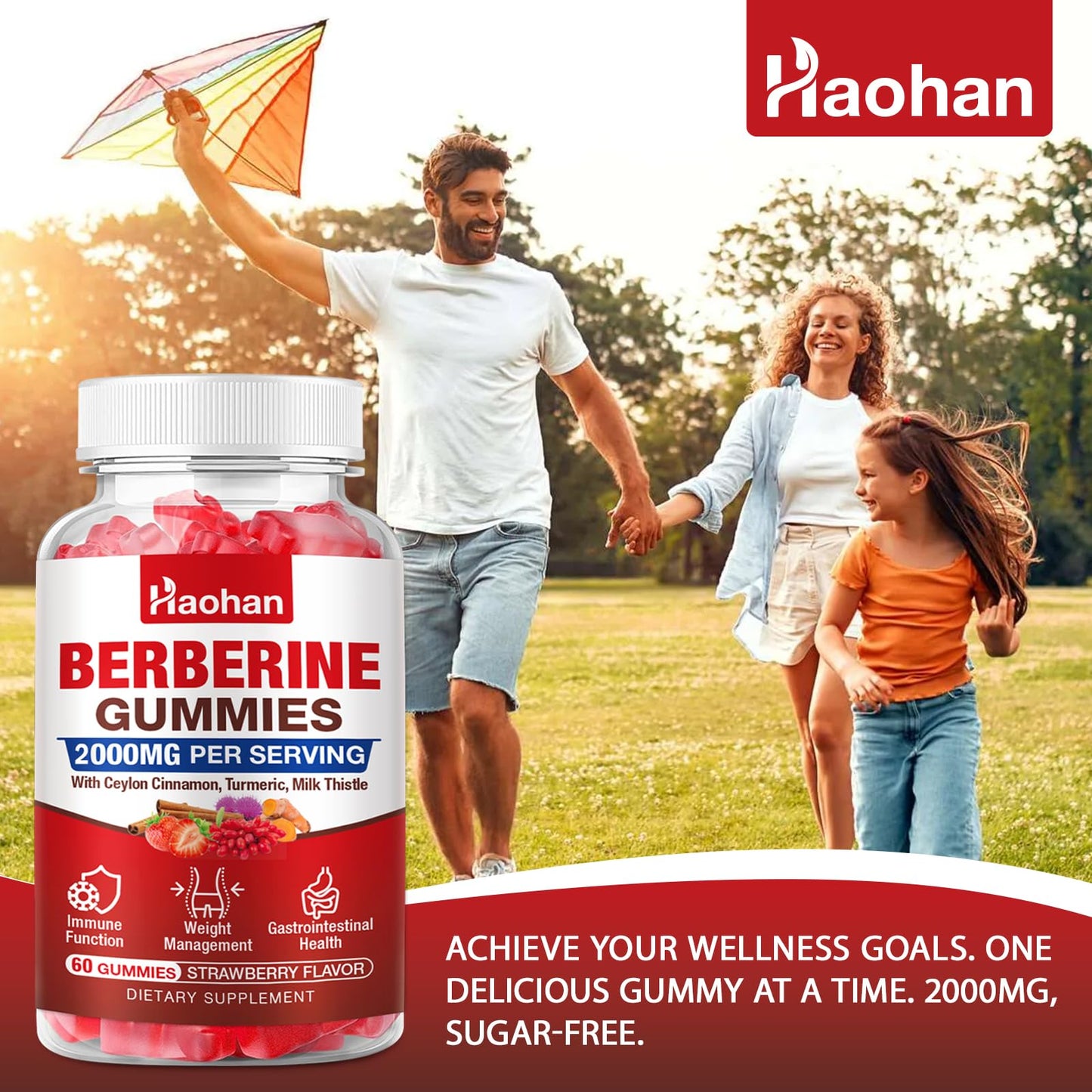 Haohan Berberine Gummies 2000mg High Potency Berberine HCl, Ceylon Cinnamon, Milk Thistle, Immune System & Metabolism Support, Vegan, Strawberry Flavor, 2 Count