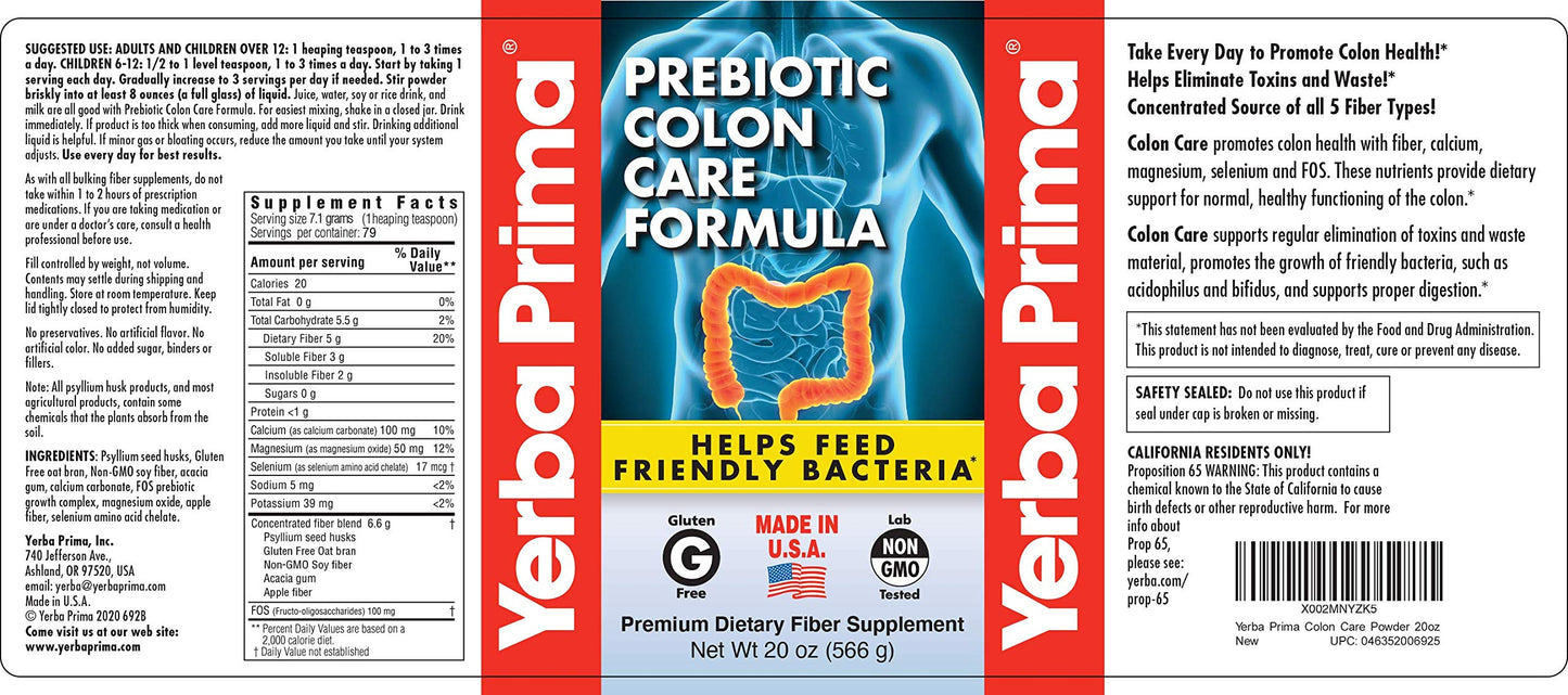 Yerba Prima Prebiotic Colon Care Formula Powder, 20 oz