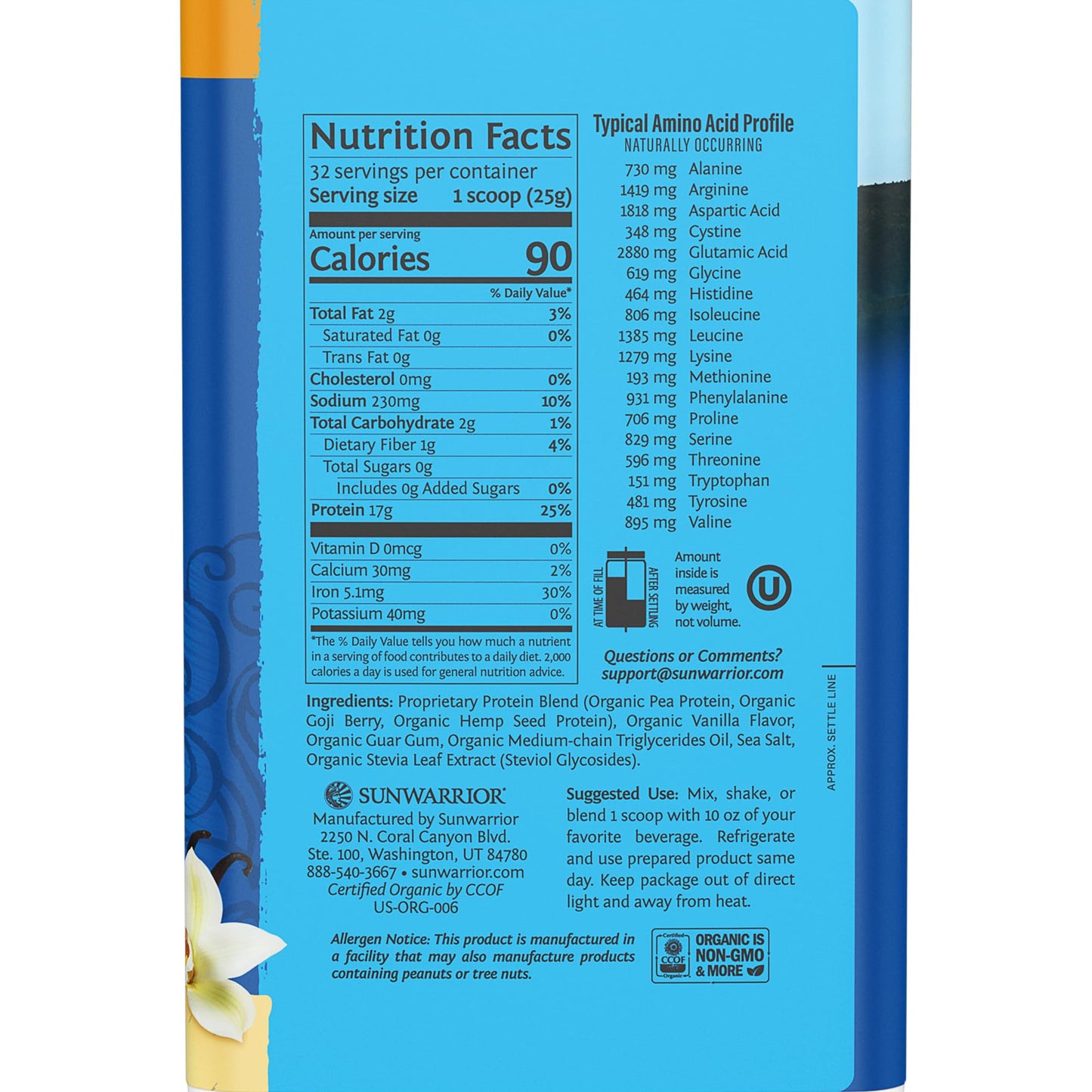 Sunwarrior Organic Plant Based Protein Powder Vanilla Flavor, 32 Servings