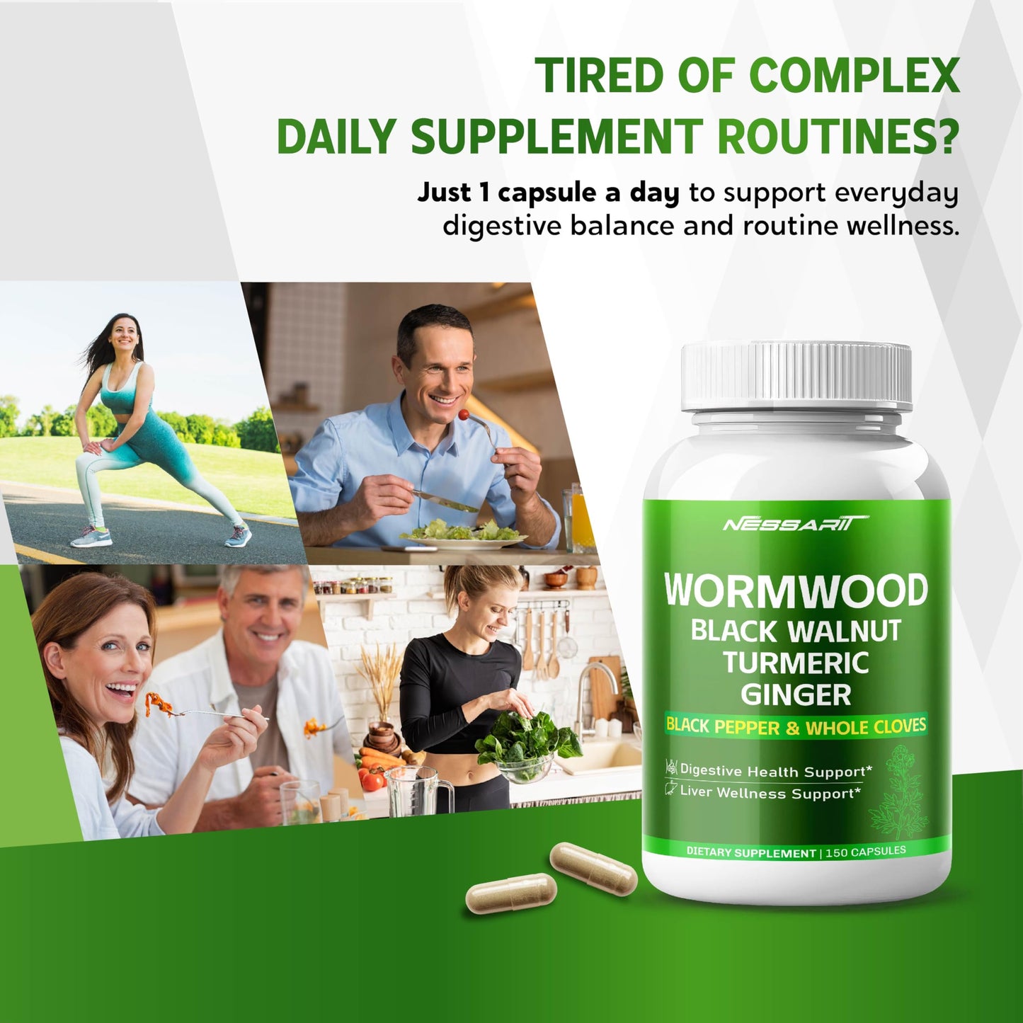 NESSARIT Wormwood Capsules with Black Walnut, Turmeric, Ginger, Whole Cloves, Fennel, Peppermint & Black Pepper, Botanical Supplement, 150 Count