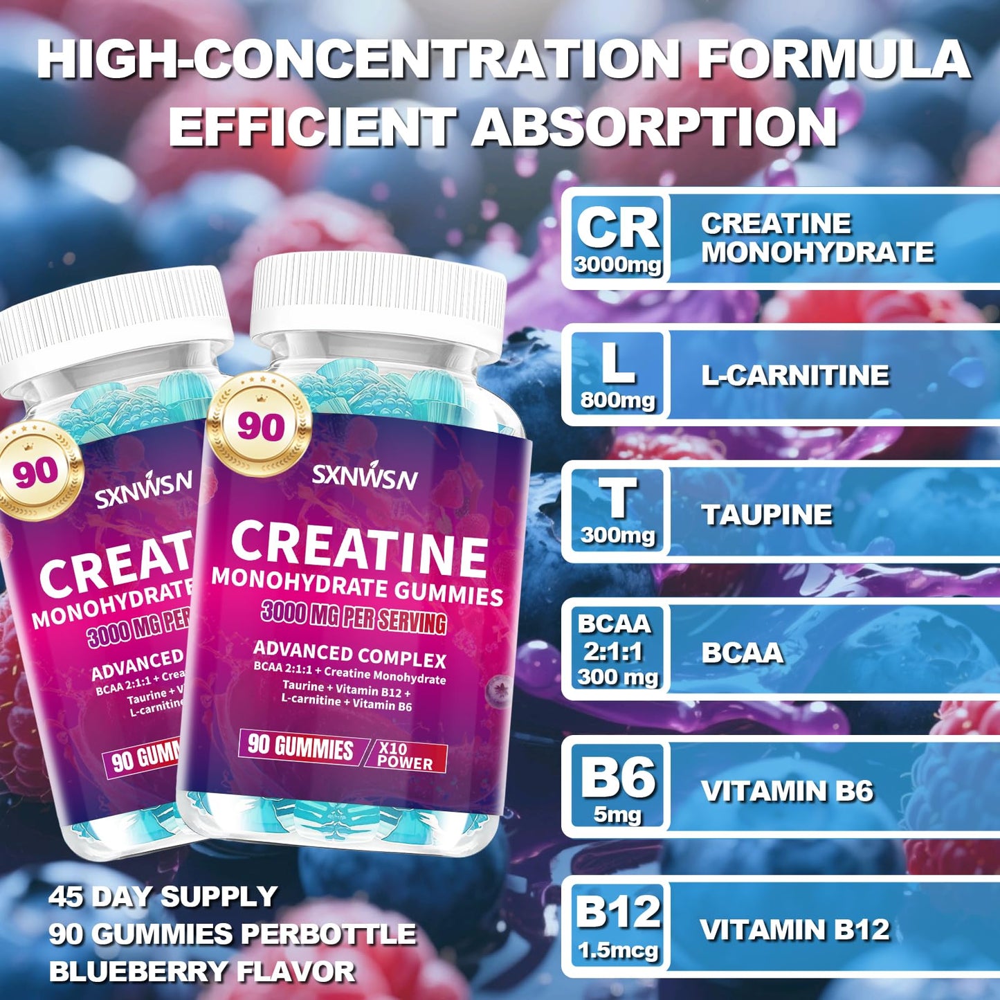 SXNWSN Creatine Monohydrate Gummies, Advanced Complex with BCAA, L-Carnitine, Taurine, B Vitamins, 3000mg per Serving, 90 Count, Blueberry Flavored