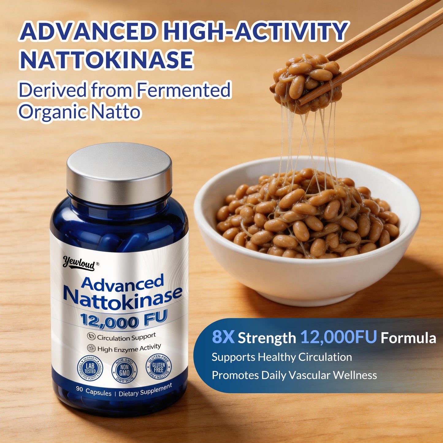 yewloud Ultimate Nattokinase 12,000FU Serrapeptase 360,000 SPU Lumbrokinase 10,000 FUV Triple Enzyme Supplement Capsules, 90