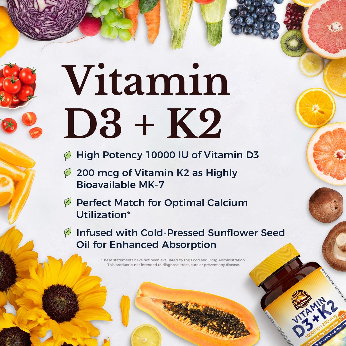 Vitalitown Vitamin D3 K2 Supplement Softgels 90 Count