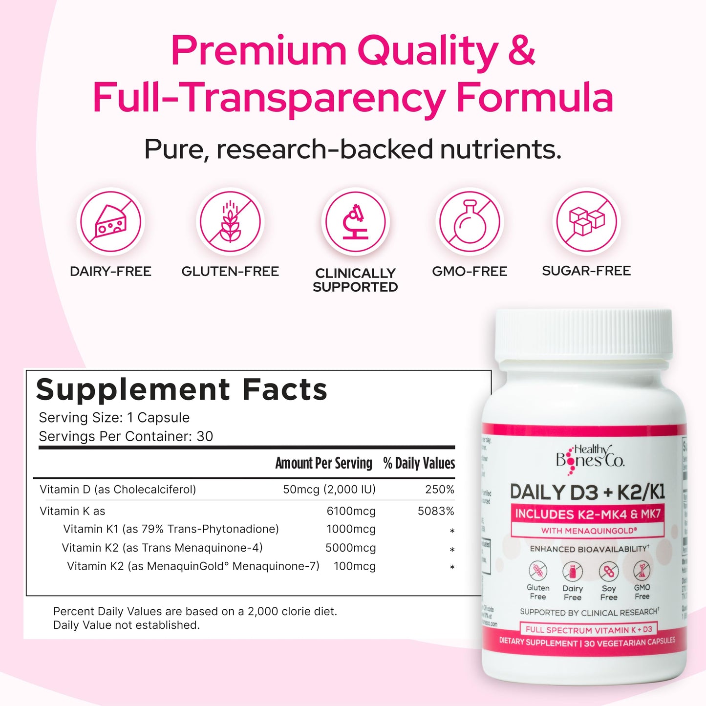 Healthy Bones Co. Premium D3 K2 - Full Spectrum Vitamin D3 K2, 2000 IU D3 + MK7 + MK4 + K1, Daily D3 K2 & K1 Supplements - Vitamin D Supports Calcium Absorption for Strong Bones & Immune Health, Capsules, 30