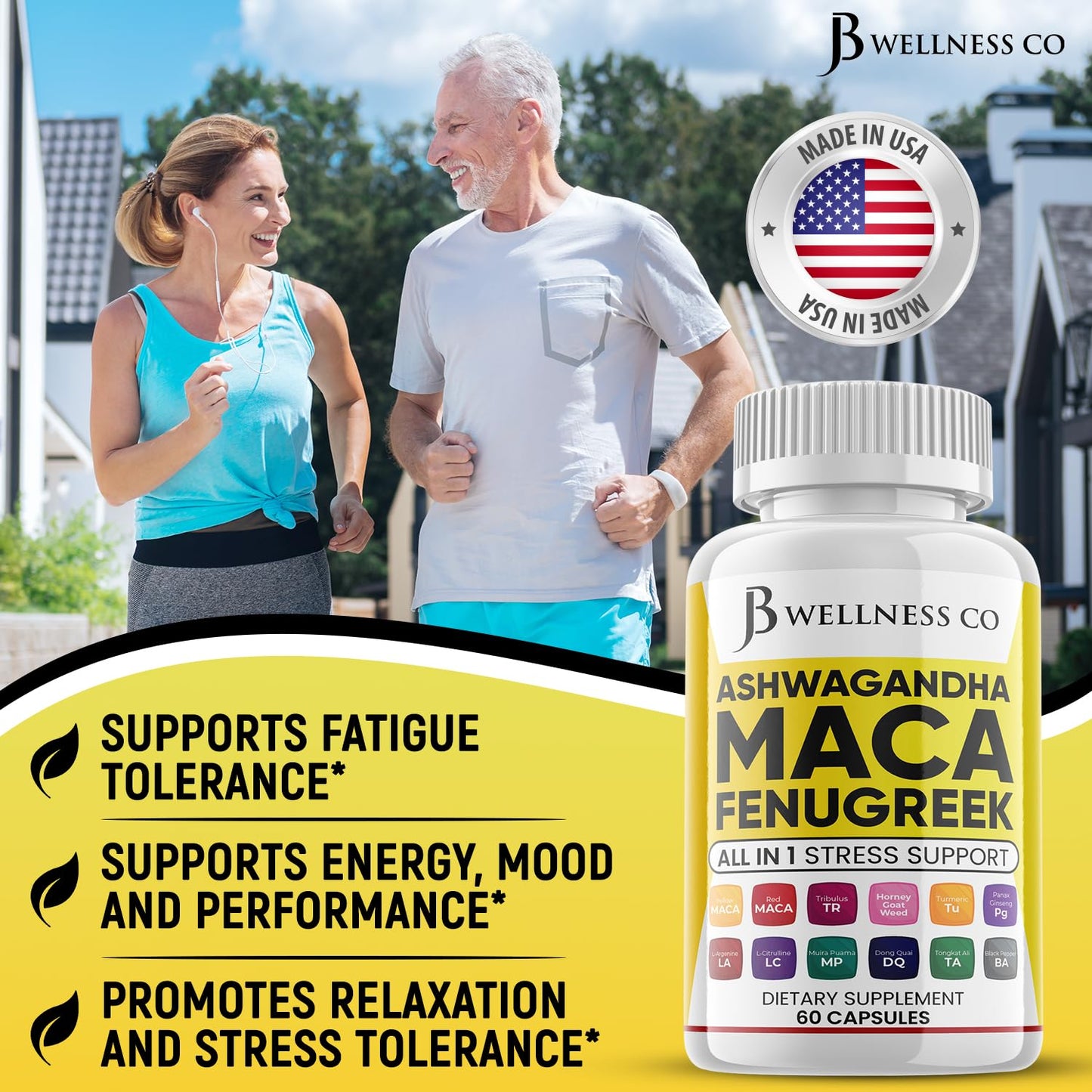JB Wellness Co Ashwagandha Maca Root Fenugreek Supplement with Tongkat Ali Ginseng Capsule, 120 Count