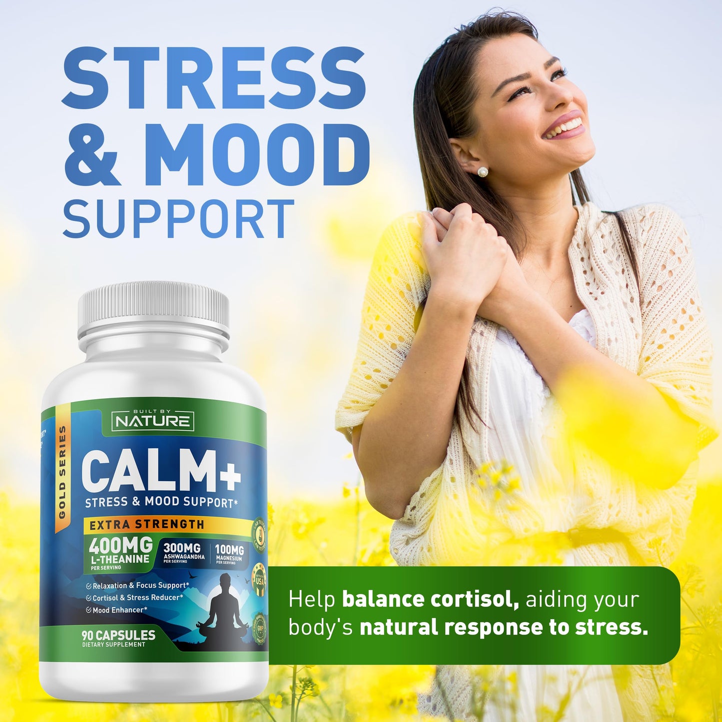 Built by Nature Calm+ Relaxation & Focus – Stress, Cortisol & Mood Support – Calm Supplement with L-Theanine, Ashwagandha, Magnesium Glycinate, Vitamin D3, 90 Capsules