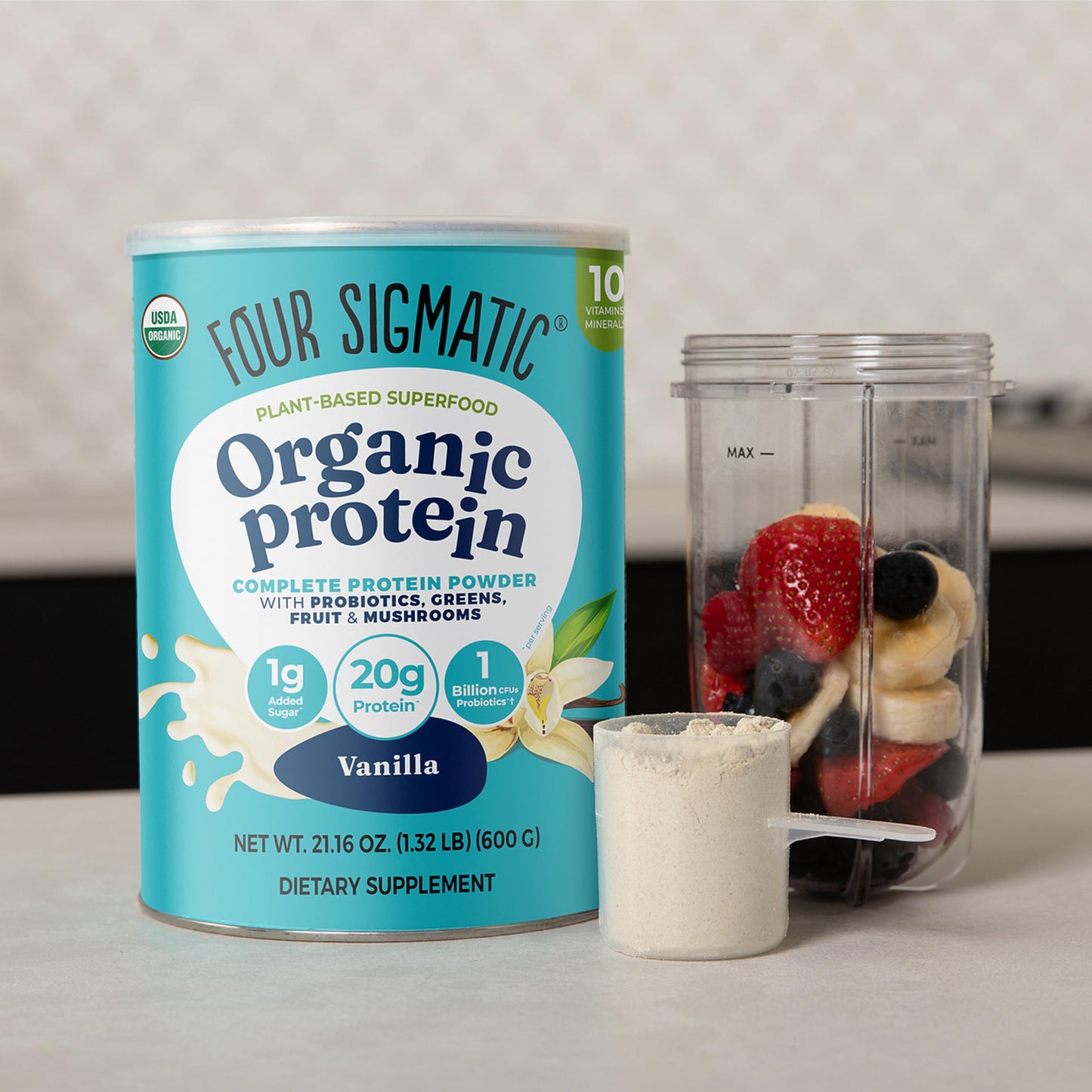 Four Sigmatic Organic Vegan Protein Powder, 21.16 oz, Vanilla