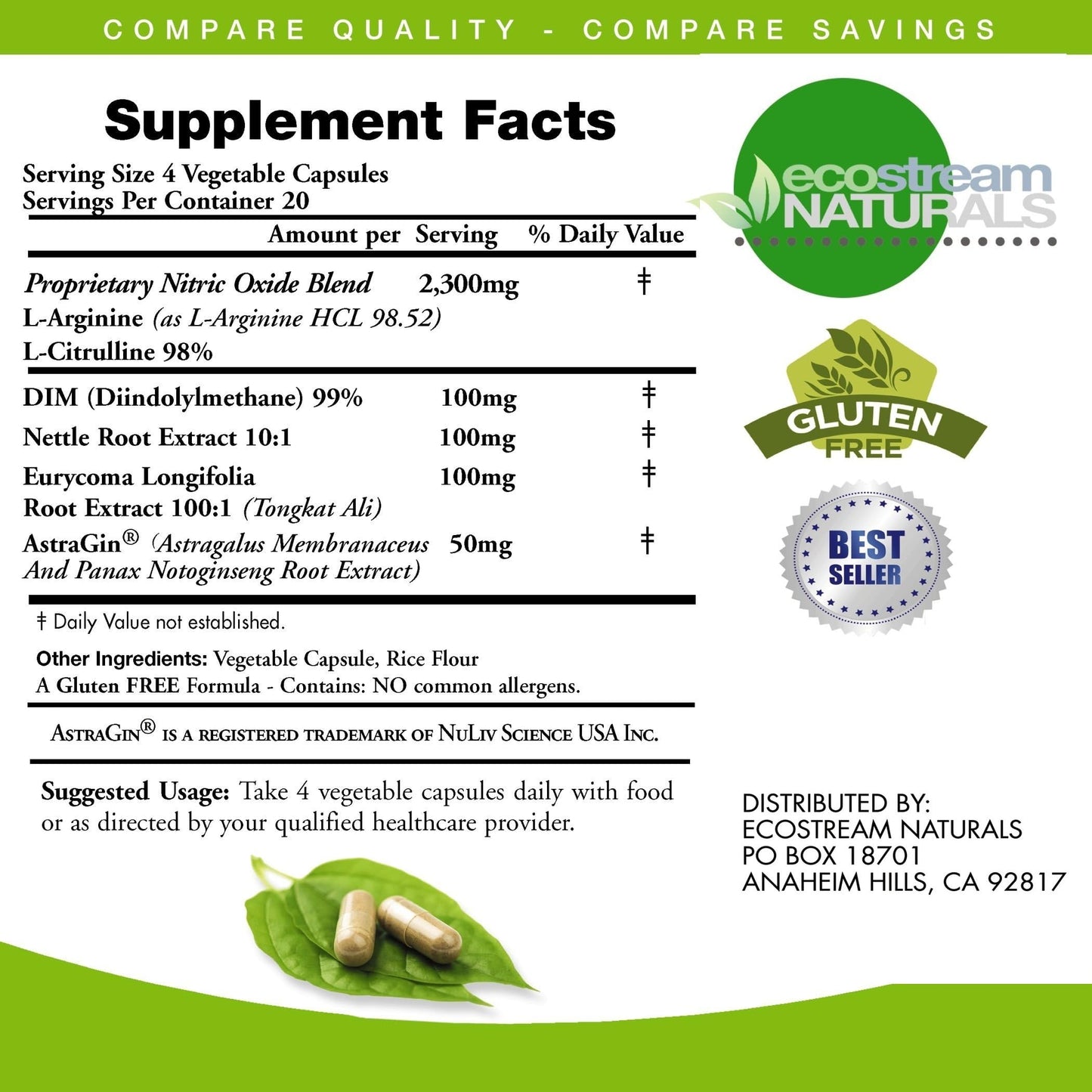 ecostream Naturals MAX 2650mg Nitric Oxide Booster L-Arginine - L-Citruline and Astragin - Time Release 2650 MAX Formula, Capsules, 160 Count
