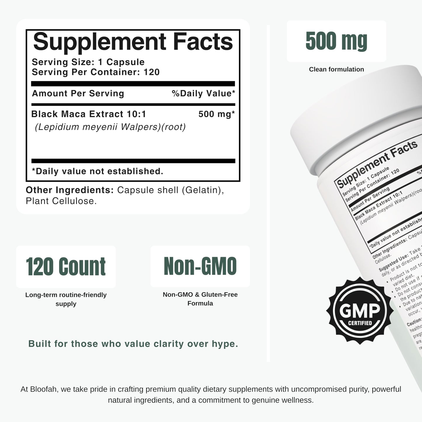 Bloofah BM Black Maca Capsules 500mg – Black Maca Root Extract 10:1 (Lepidium meyenii) Botanical Supplement, Peruvian Maca for Daily Vitality & Routine Support, 120 Capsules