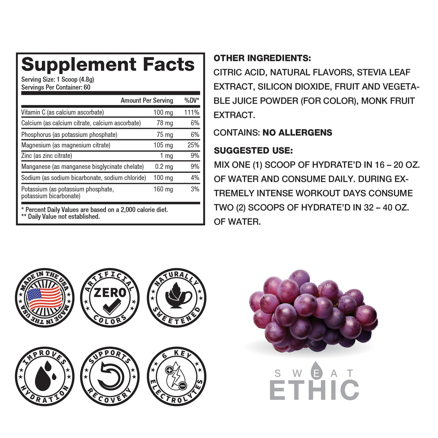 Sweat Ethic Hydrate’D Electrolytes Powder, 60 Servings, Grape Flavor