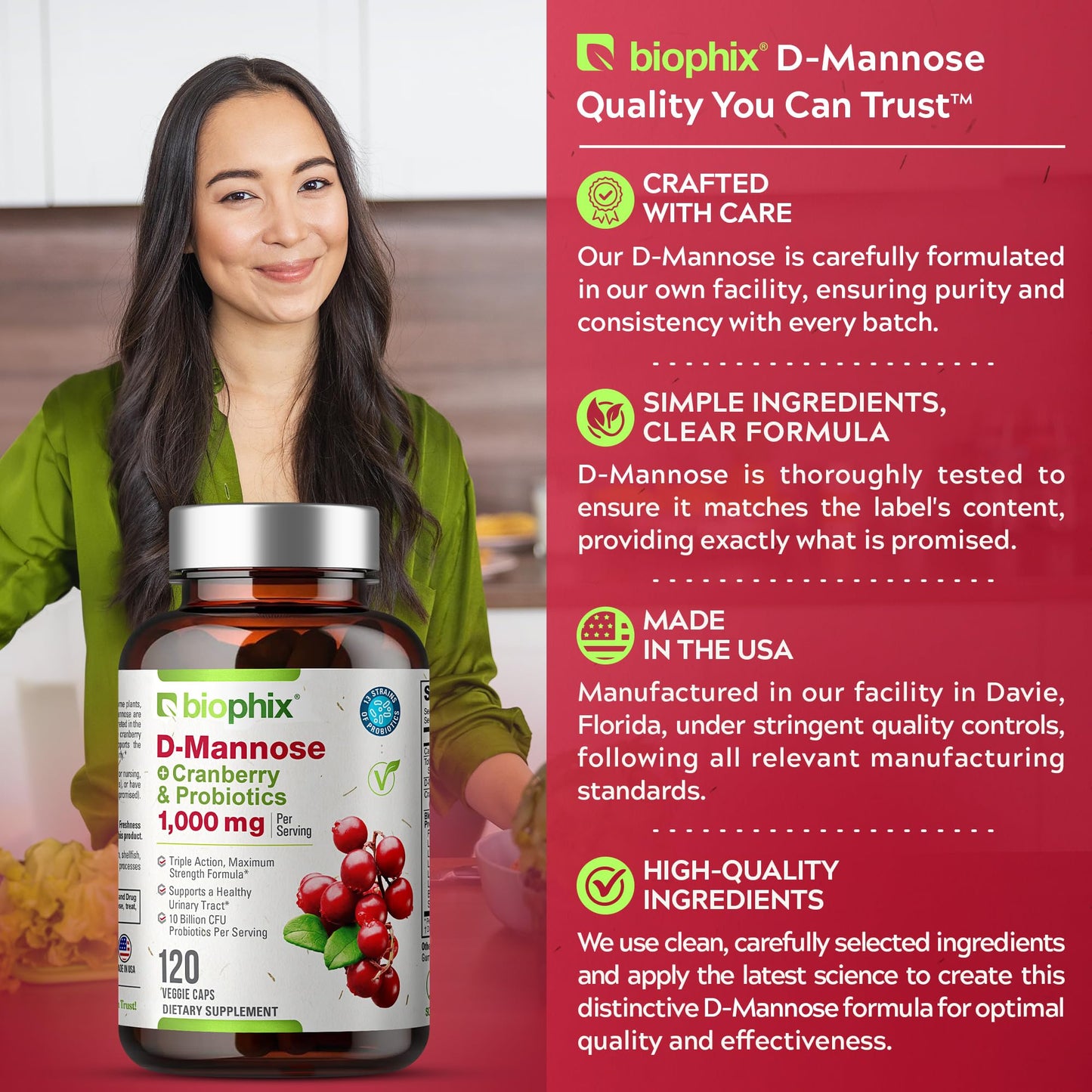 biophix D-Mannose 1000mg Capsules with Cranberry & Probiotics for Women, Urinary Tract & Bladder Health Support, Digestive Well-Being, 120 Capsules