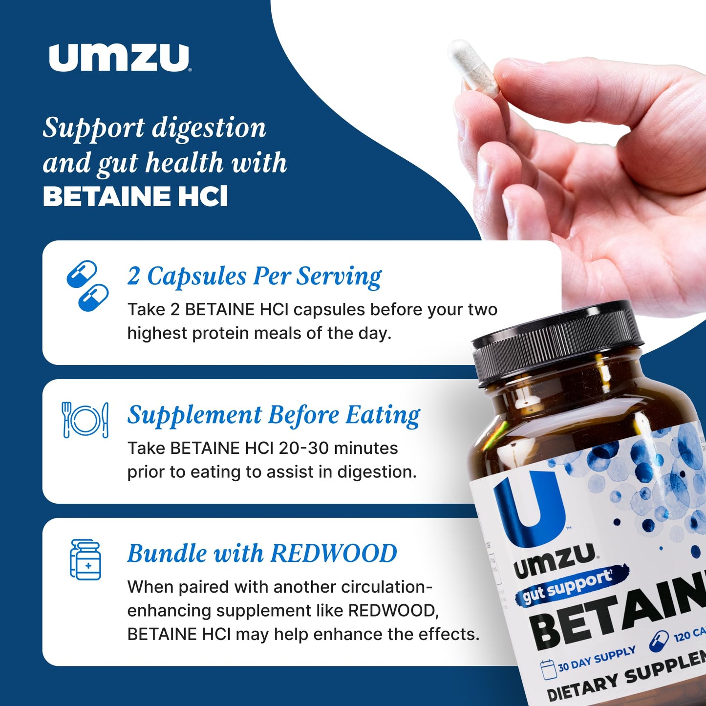 UMZU Betaine HCl Supplement Capsules, 120 Count