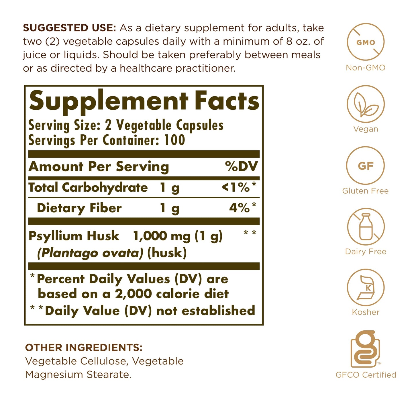 Solgar Psyllium Husks Fiber 500 mg Vegetable Capsules, 200 Count