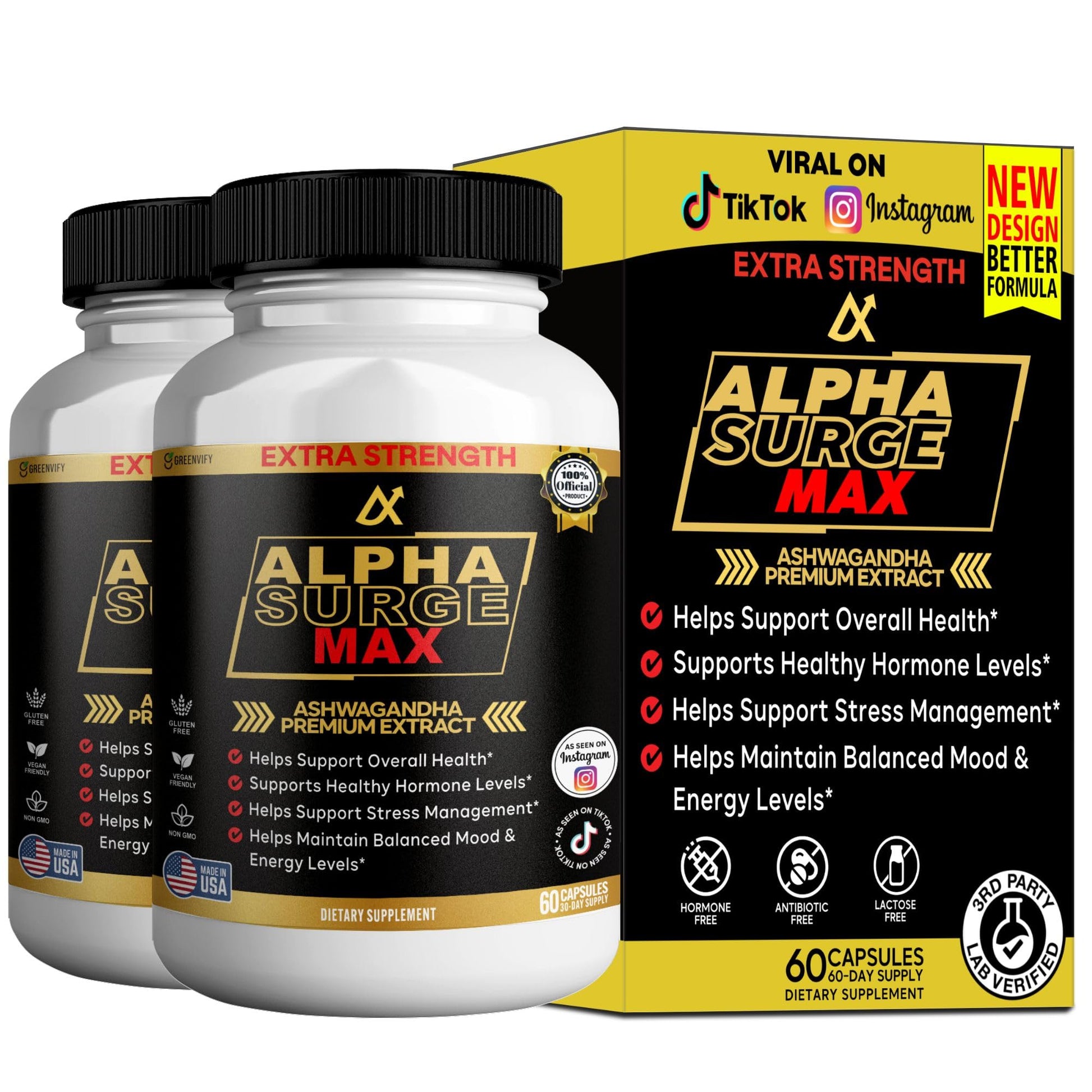 GREENVIFY Alpha Surge Max Organic Ashwagandha with Black Pepper Extract, 60 Capsules