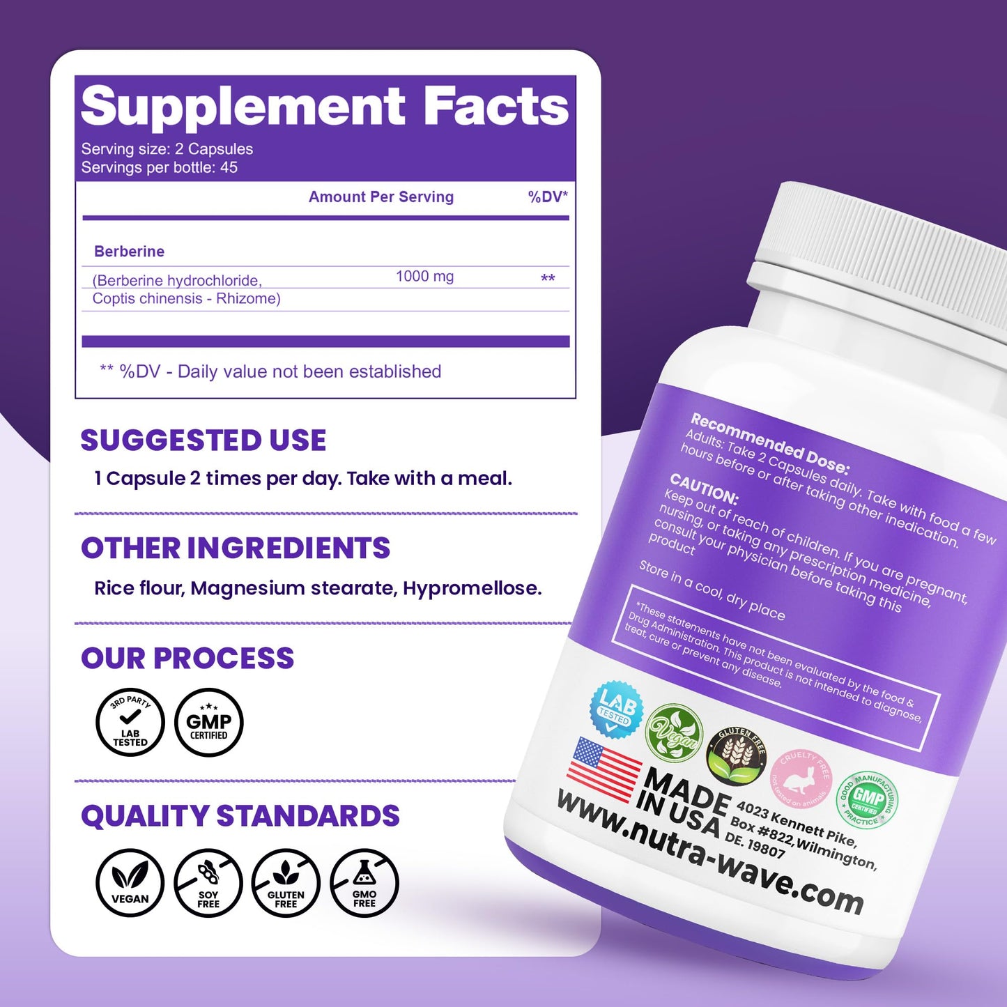Nutra Wave Pure Berberine HCL 1000mg Capsules, 90 Count