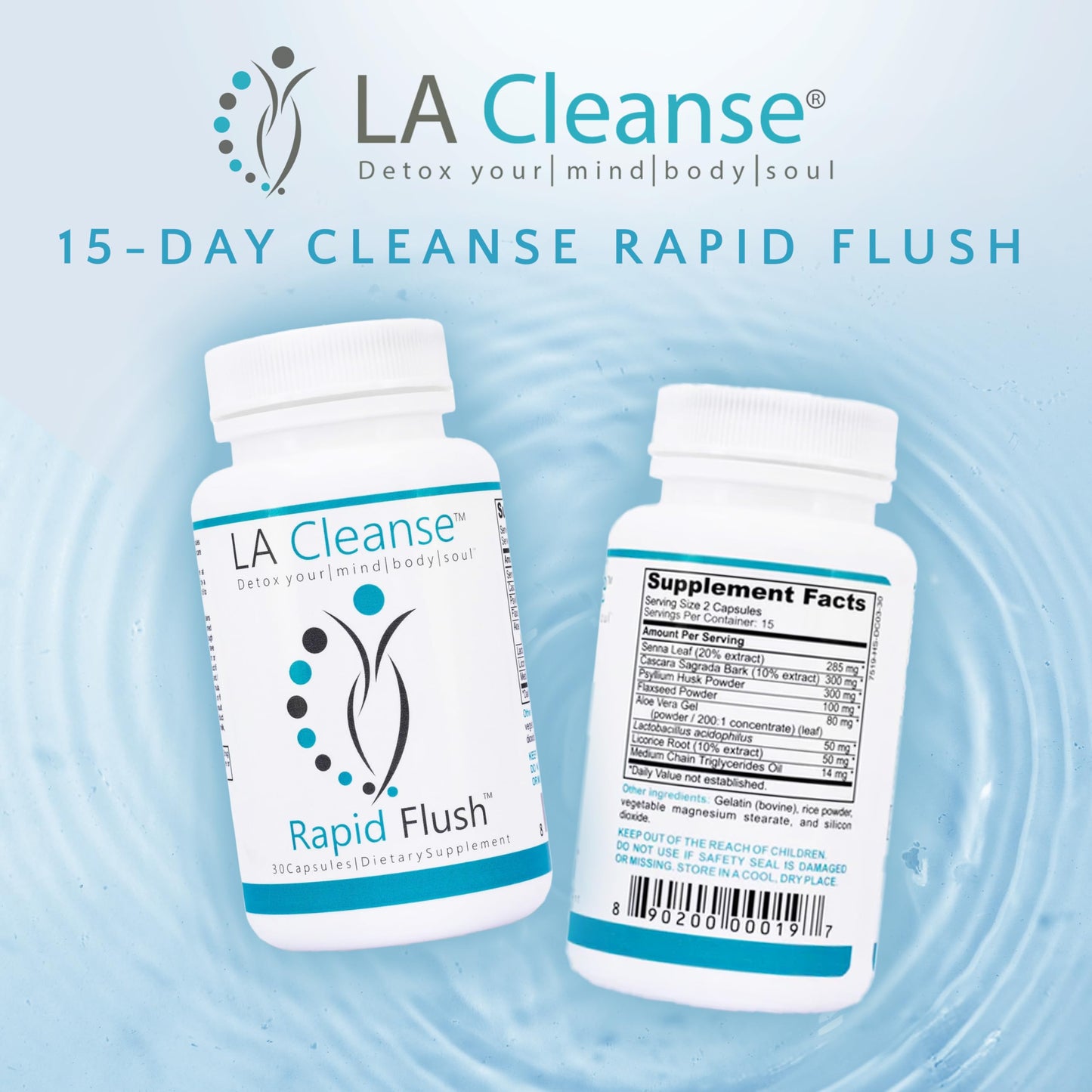 LA Cleanse 15 Day Cleanse and Detox - Rapid Flush 15 Day Gut Cleanse for Detox, Colon Cleanse, Gut Support - Enhance Digestion with Cascara Sagrada, Senna Leaf, Psyllium Husk Capsules 30 Count