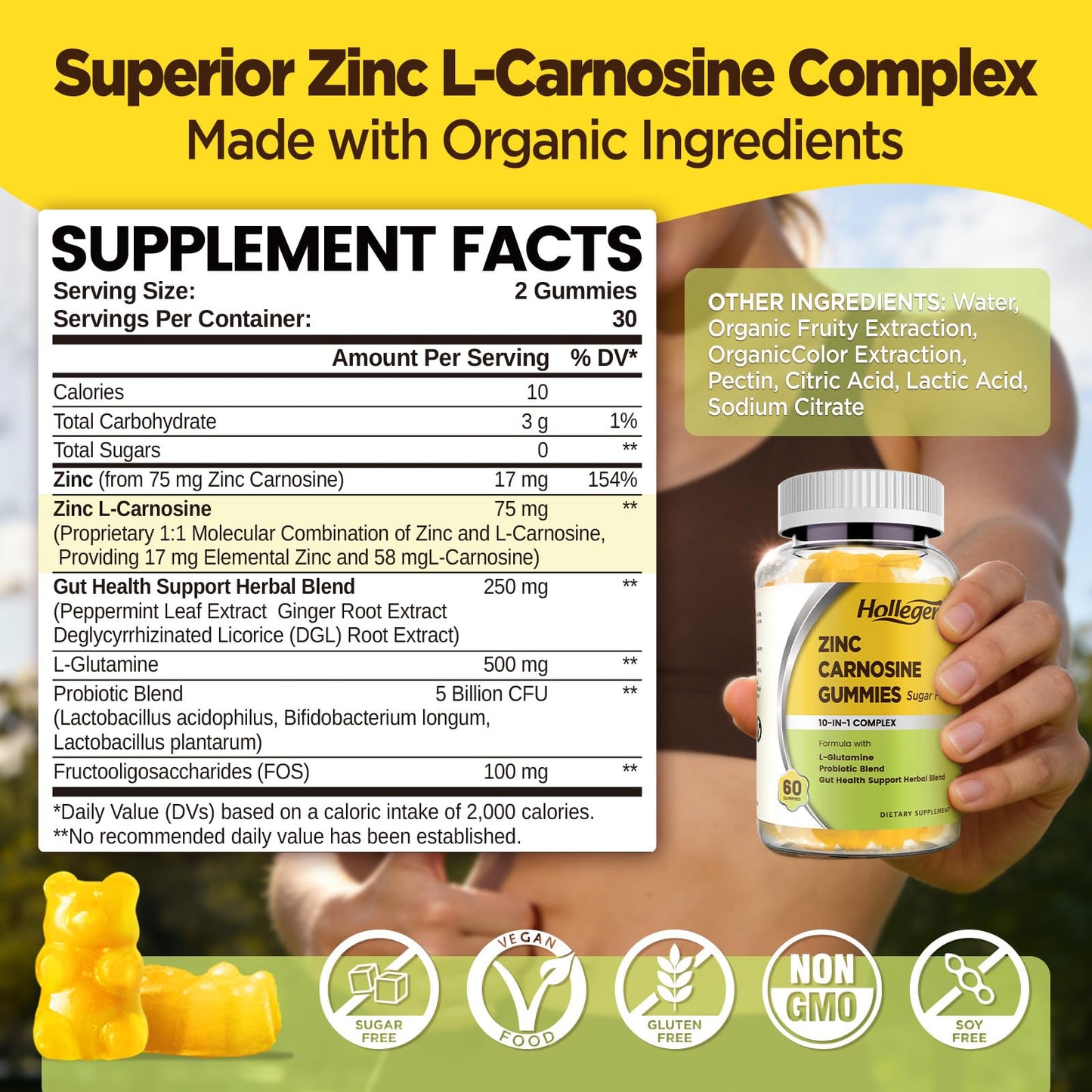 HOLLEGEND Zinc Carnosine 75mg Supplement Gummies 60 Count